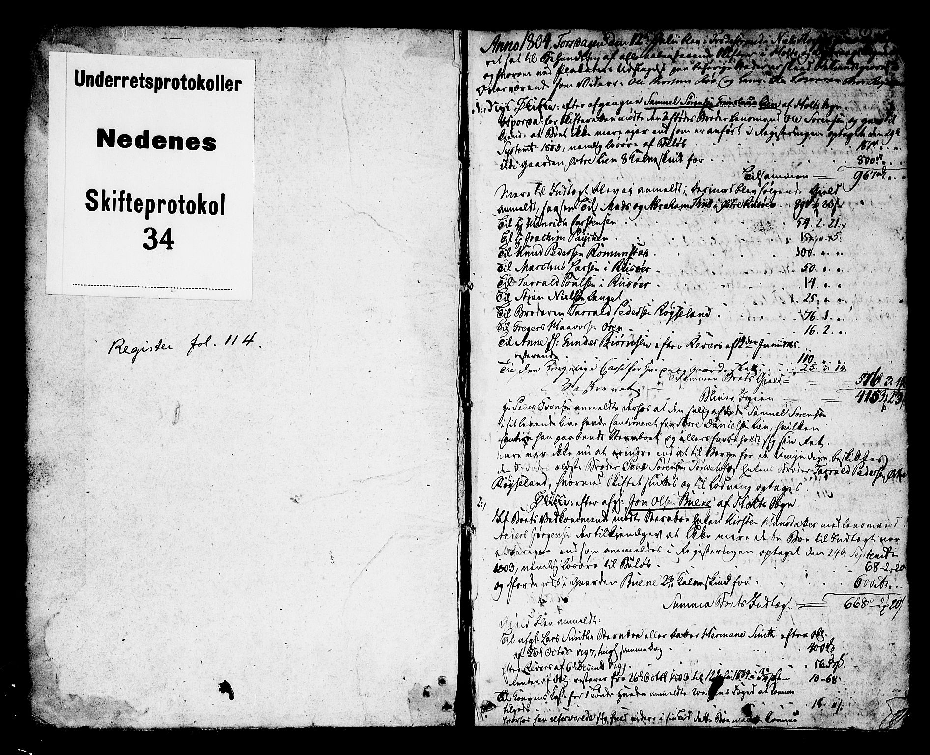Nedenes sorenskriveri før 1824, SAK/1221-0007/H/Hc/L0049: Skifteprotokoll med register nr 34, 1804-1824, p. 0b-1a