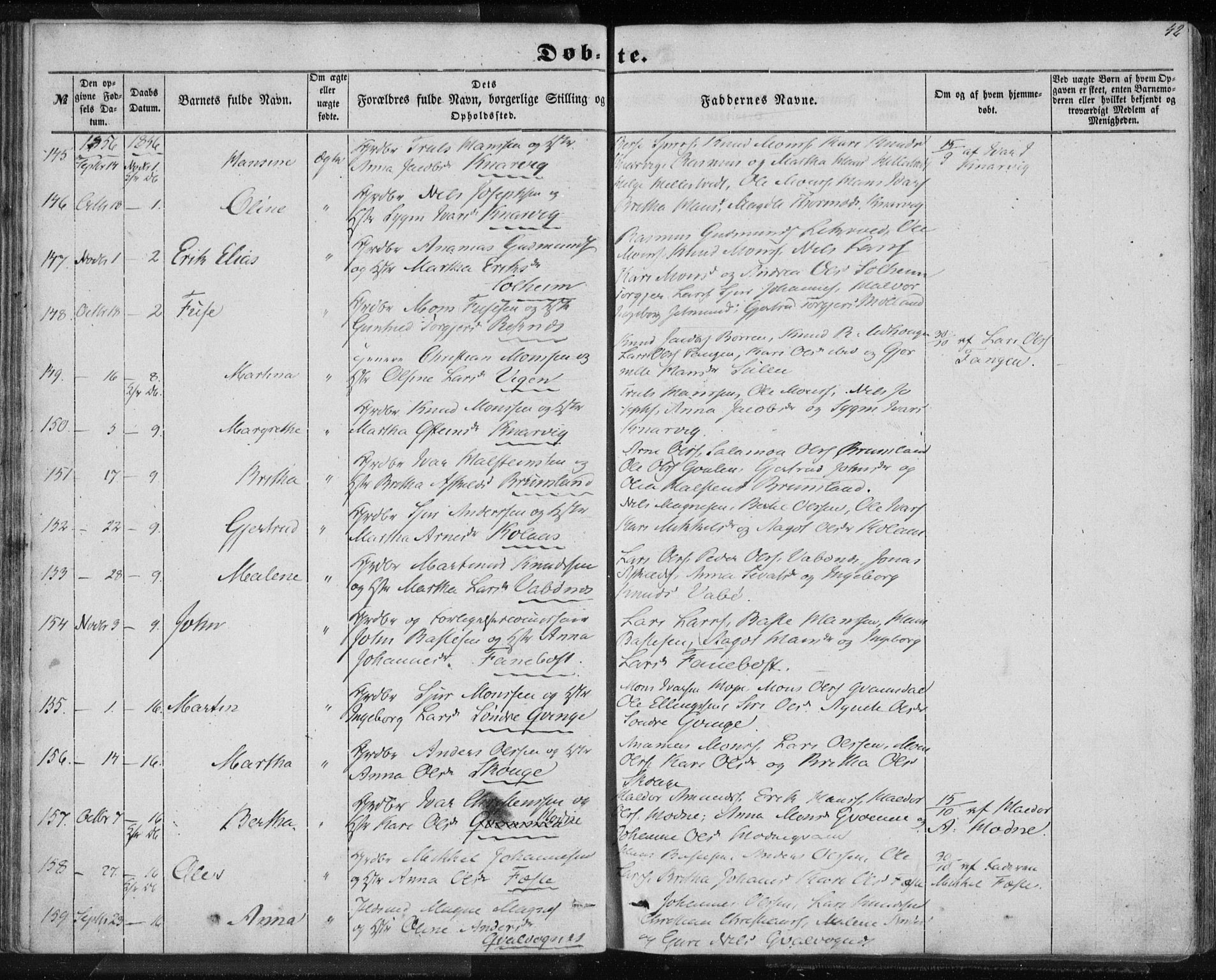 Lindås Sokneprestembete, AV/SAB-A-76701/H/Haa/Haaa/L0011: Parish register (official) no. A 11, 1854-1869, p. 42