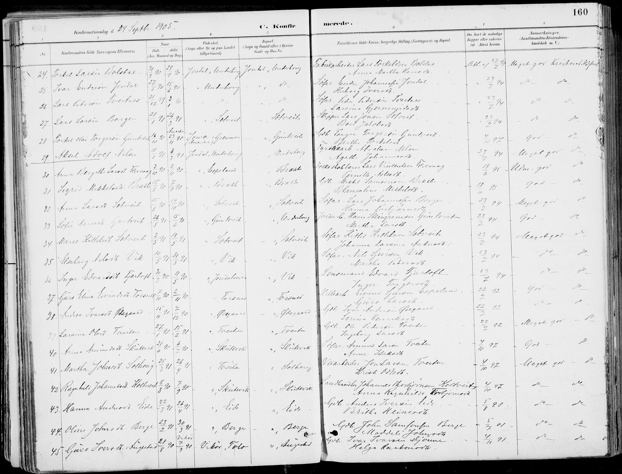 Strandebarm sokneprestembete, AV/SAB-A-78401/H/Haa: Parish register (official) no. E  1, 1886-1908, p. 160