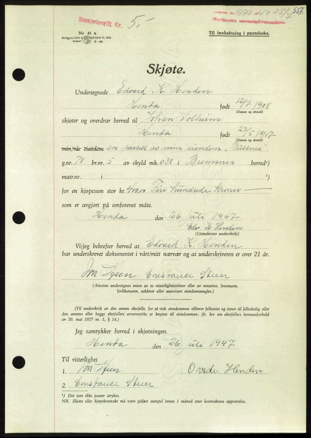 Nordmøre sorenskriveri, AV/SAT-A-4132/1/2/2Ca: Mortgage book no. A105, 1947-1947, Diary no: : 1699/1947