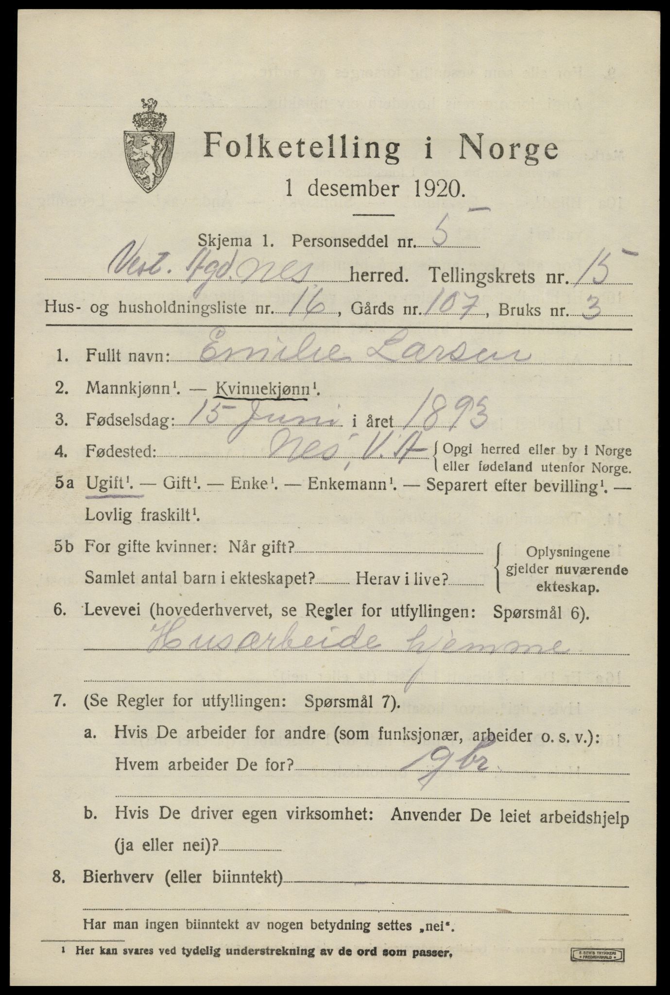 SAK, 1920 census for Nes (V-A), 1920, p. 5738