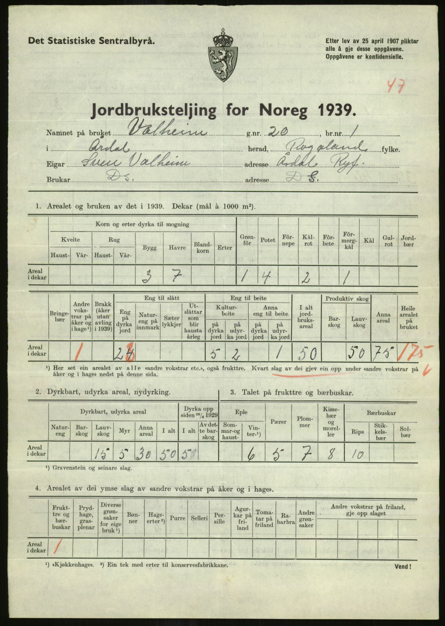 Statistisk sentralbyrå, Næringsøkonomiske emner, Jordbruk, skogbruk, jakt, fiske og fangst, AV/RA-S-2234/G/Gb/L0184: Rogaland: Årdal, Fister og Hjelmeland, 1939, p. 677