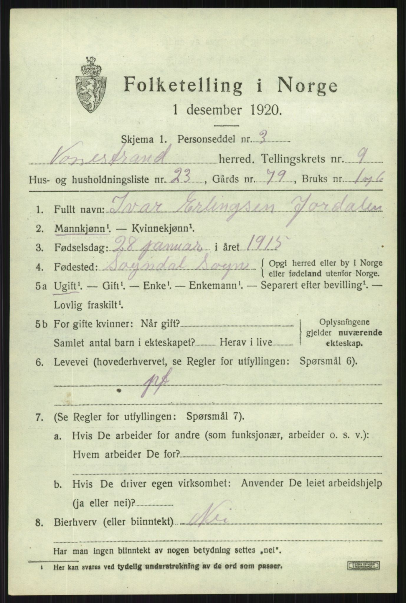 SAB, 1920 census for Vossestrand, 1920, p. 4098