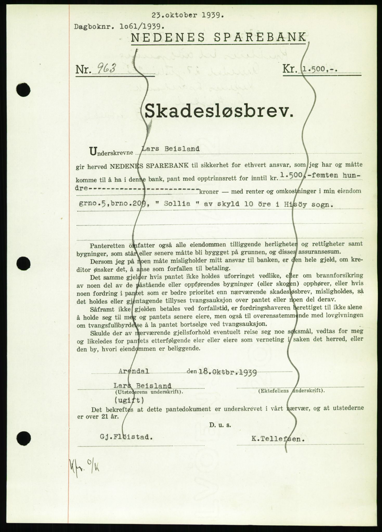 Nedenes sorenskriveri, SAK/1221-0006/G/Gb/Gbb/L0001: Mortgage book no. I, 1939-1942, Diary no: : 1061/1939