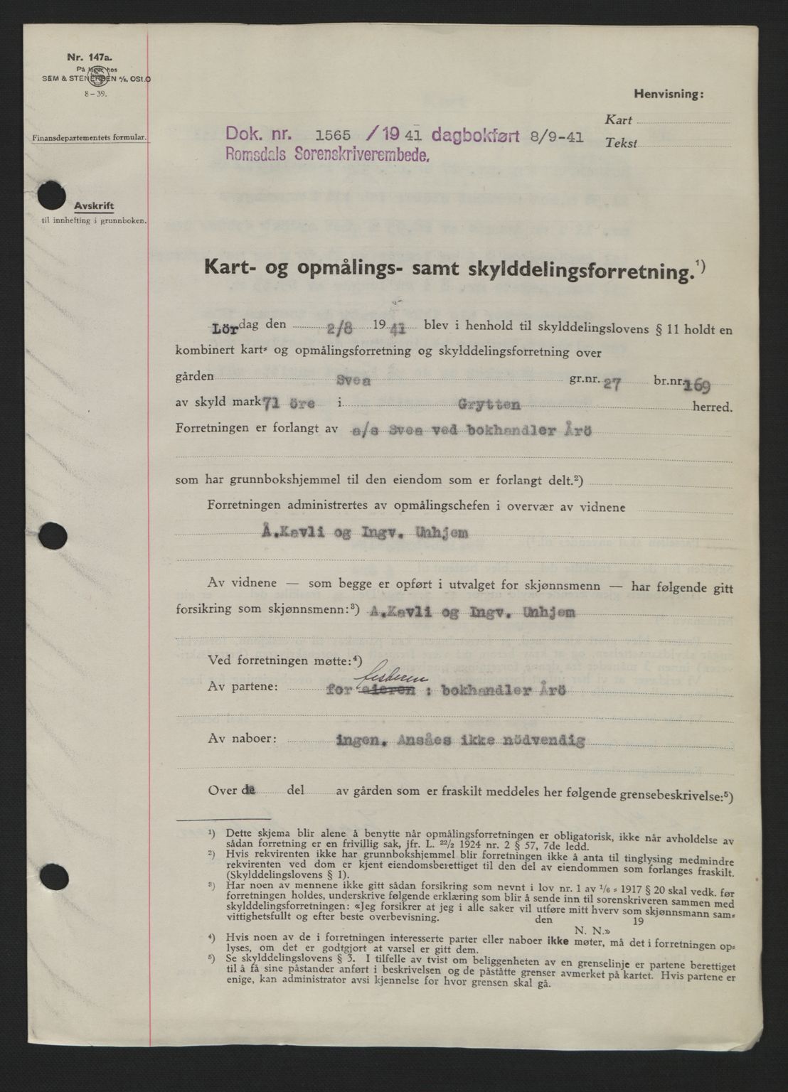 Romsdal sorenskriveri, AV/SAT-A-4149/1/2/2C: Mortgage book no. A10, 1941-1941, Diary no: : 1565/1941