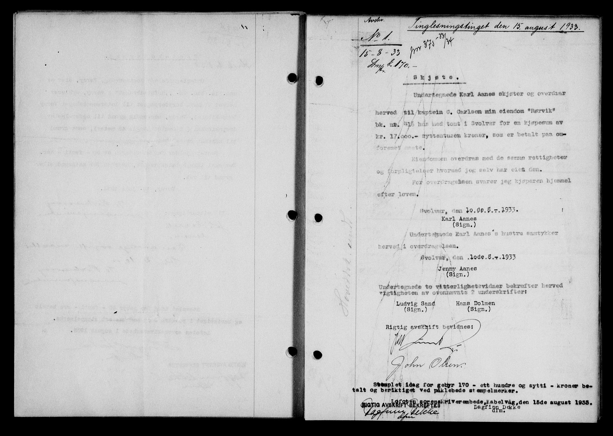 Lofoten sorenskriveri, SAT/A-0017/1/2/2C/L0028b: Mortgage book no. 28b, 1933-1933, Deed date: 15.08.1933