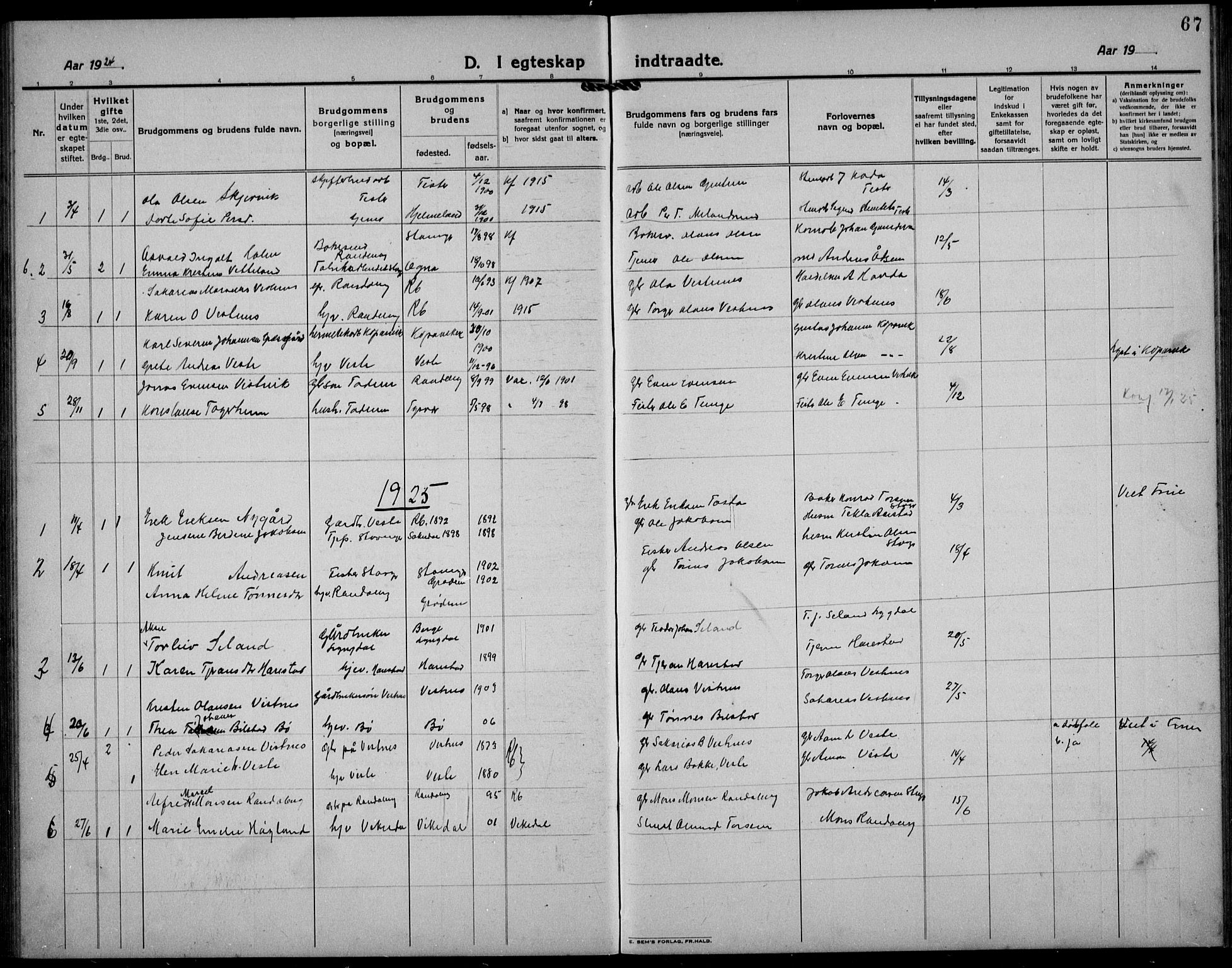 Hetland sokneprestkontor, SAST/A-101826/30/30BB/L0012: Parish register (copy) no. B 12, 1922-1940, p. 67