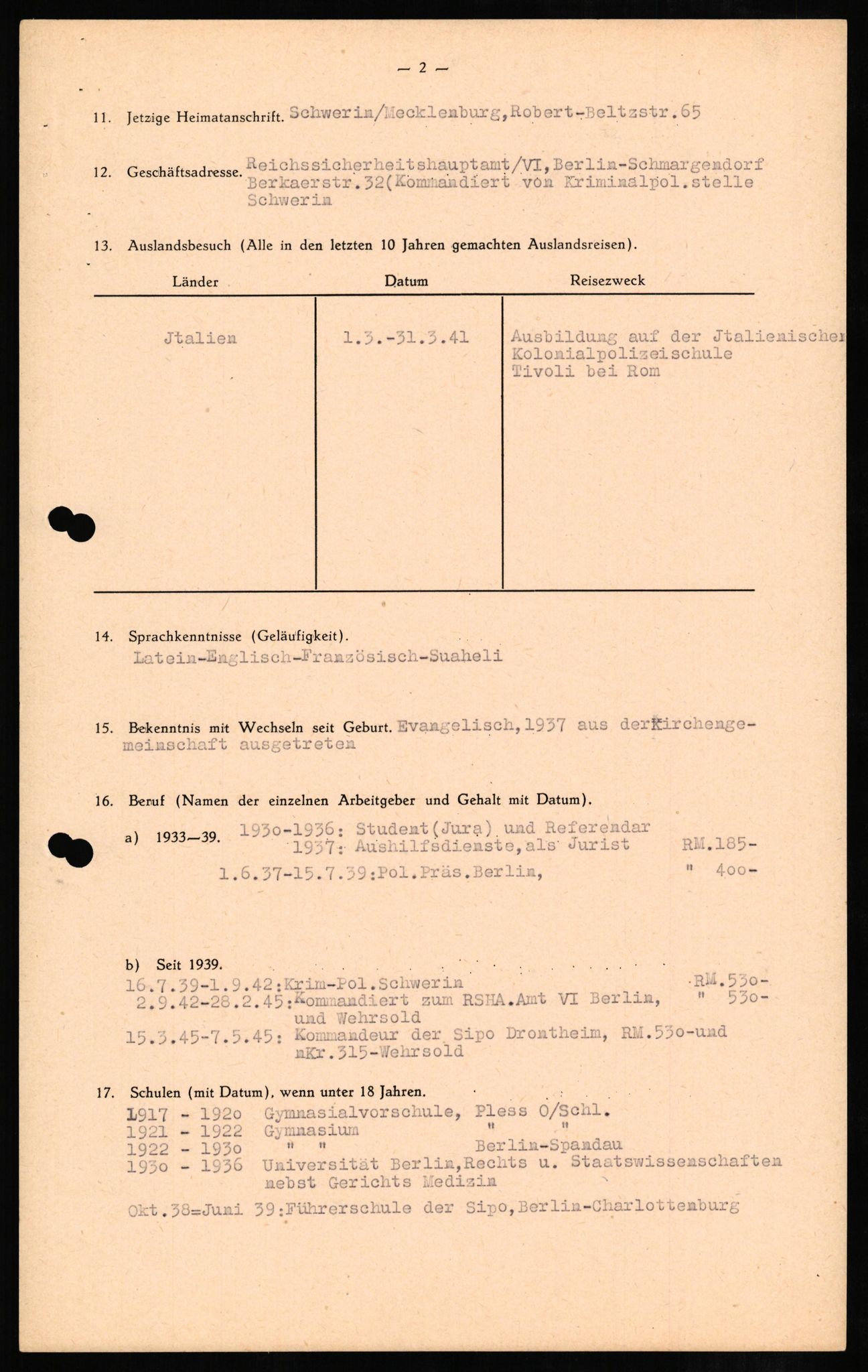 Forsvaret, Forsvarets overkommando II, RA/RAFA-3915/D/Db/L0006: CI Questionaires. Tyske okkupasjonsstyrker i Norge. Tyskere., 1945-1946, p. 378