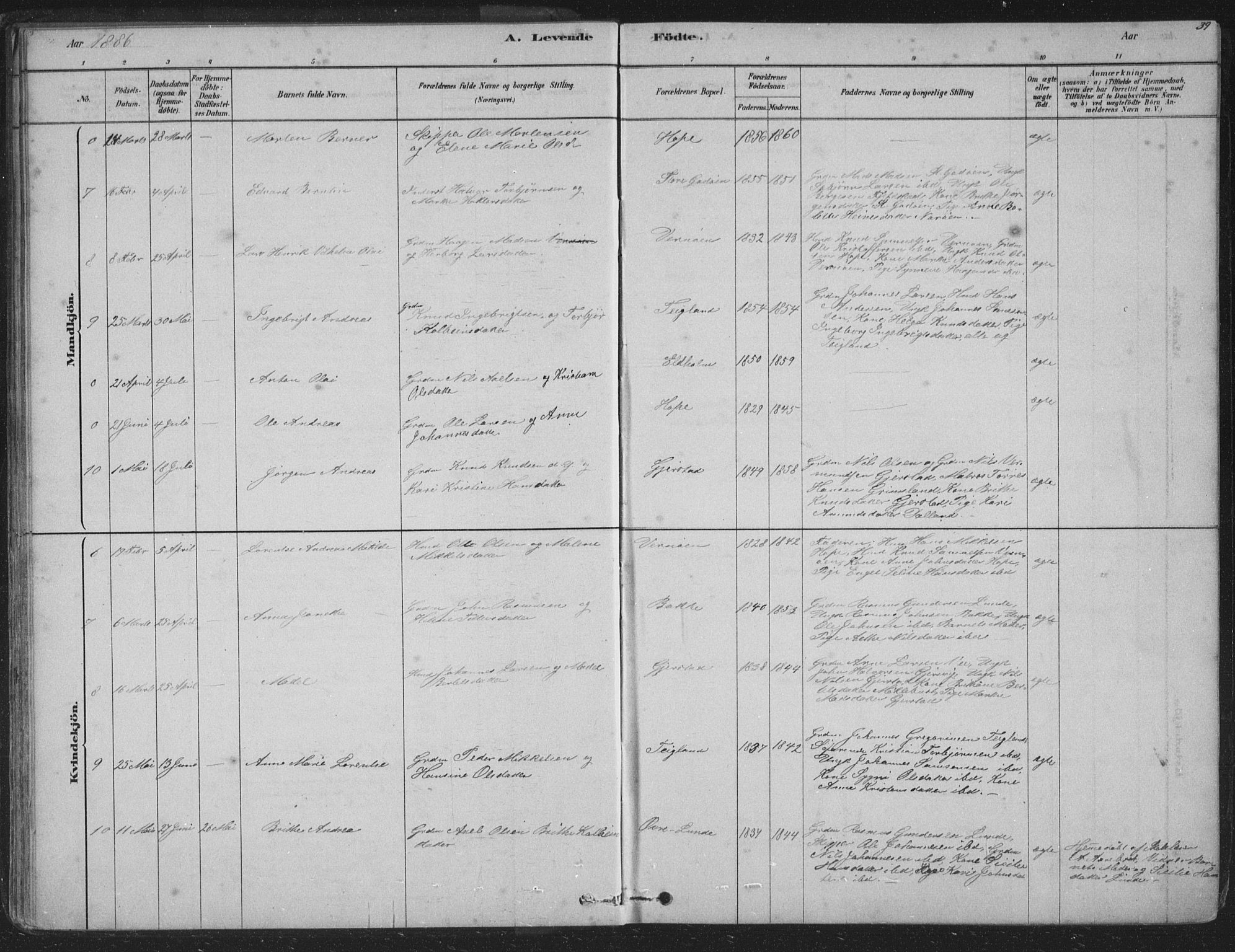 Tysnes sokneprestembete, AV/SAB-A-78601/H/Hab: Parish register (copy) no. B 2, 1878-1918, p. 39