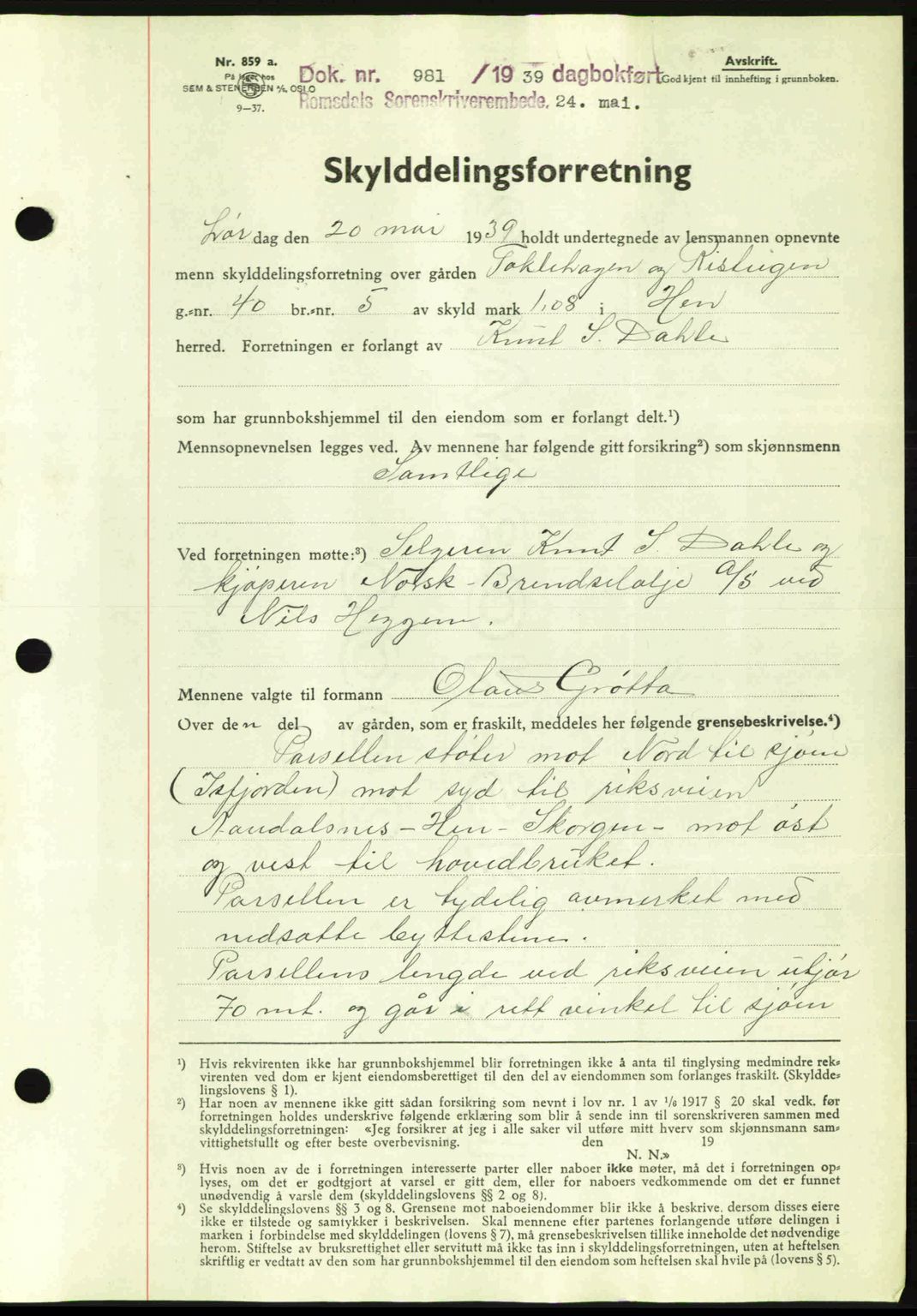 Romsdal sorenskriveri, AV/SAT-A-4149/1/2/2C: Mortgage book no. A6, 1938-1939, Diary no: : 981/1939