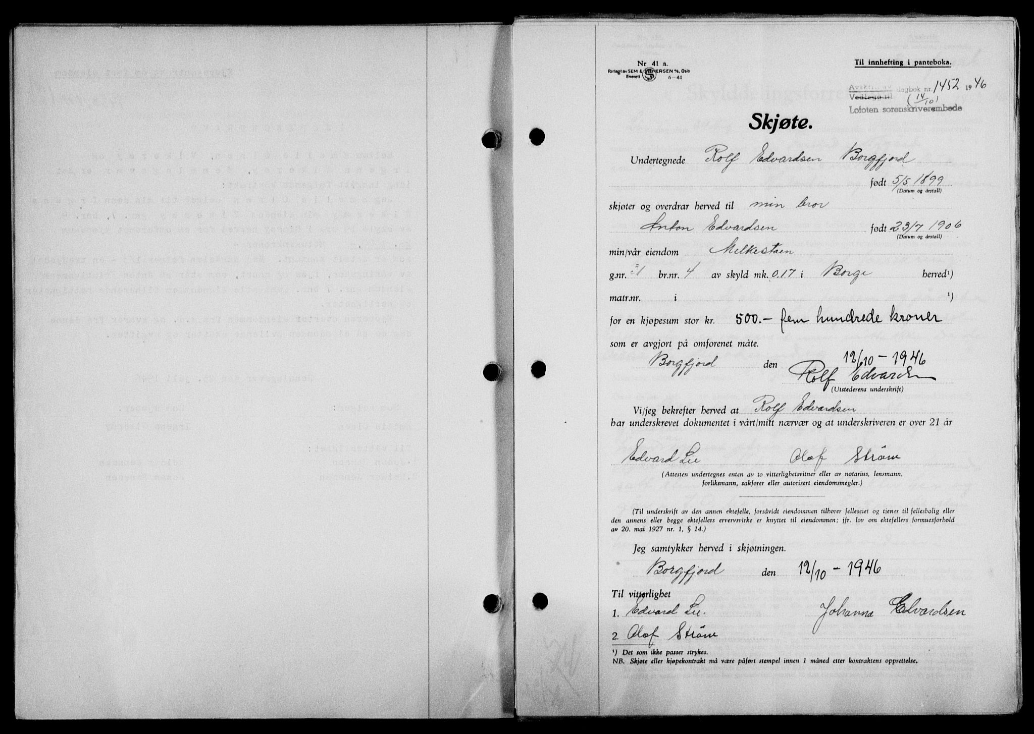 Lofoten sorenskriveri, SAT/A-0017/1/2/2C/L0014a: Mortgage book no. 14a, 1946-1946, Diary no: : 1452/1946