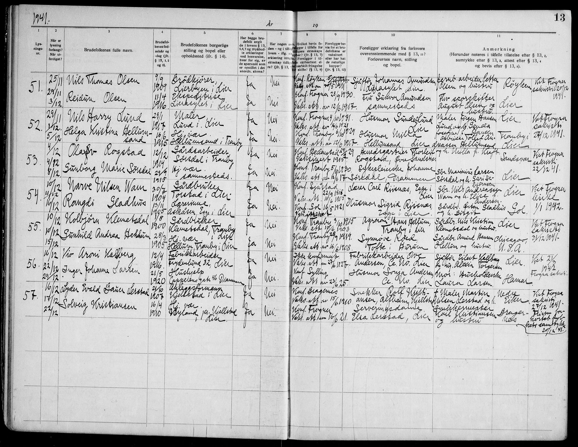 Lier kirkebøker, AV/SAKO-A-230/H/Ha/L0003: Banns register no. 3, 1940-1955, p. 13