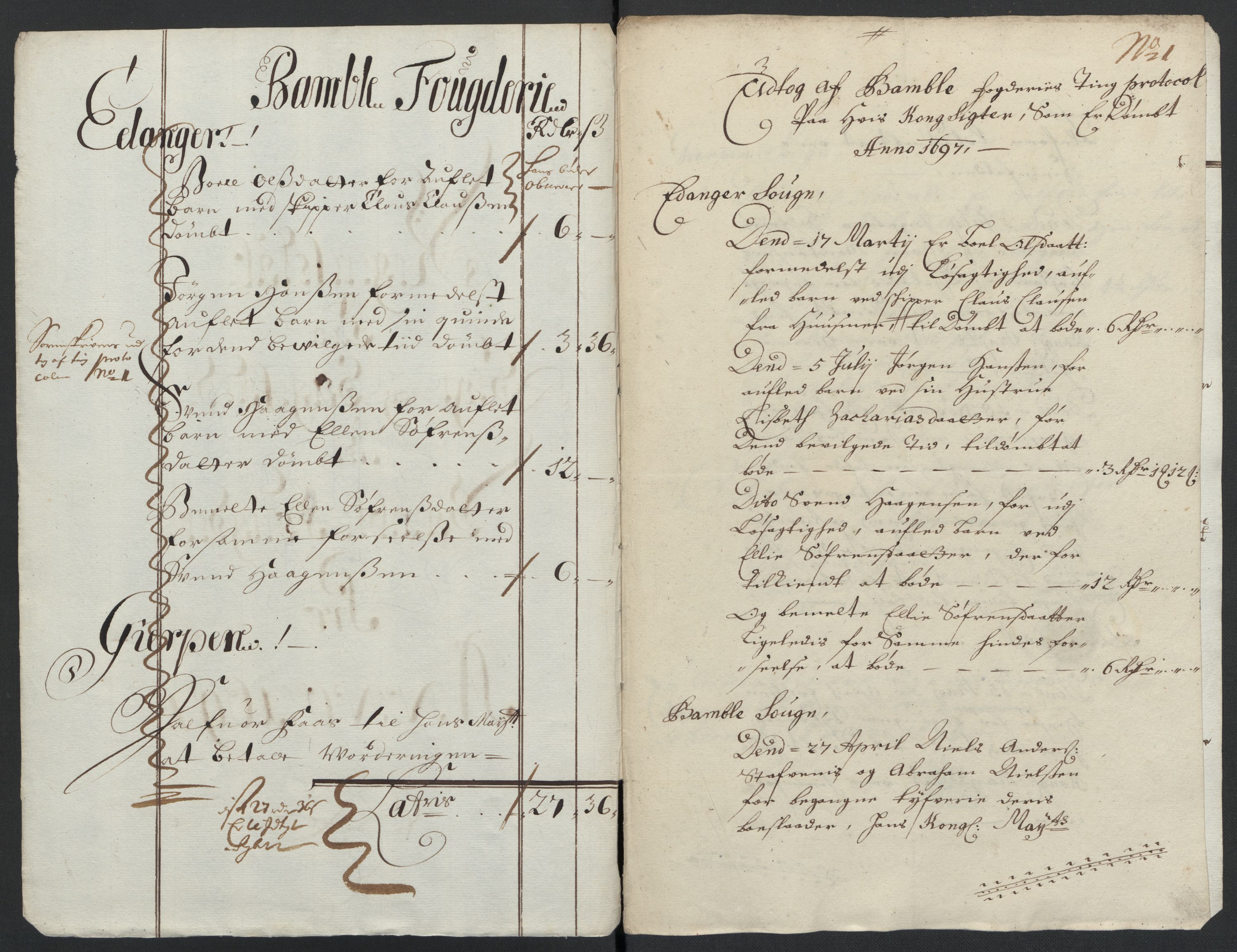 Rentekammeret inntil 1814, Reviderte regnskaper, Fogderegnskap, AV/RA-EA-4092/R36/L2097: Fogderegnskap Øvre og Nedre Telemark og Bamble, 1697, p. 42