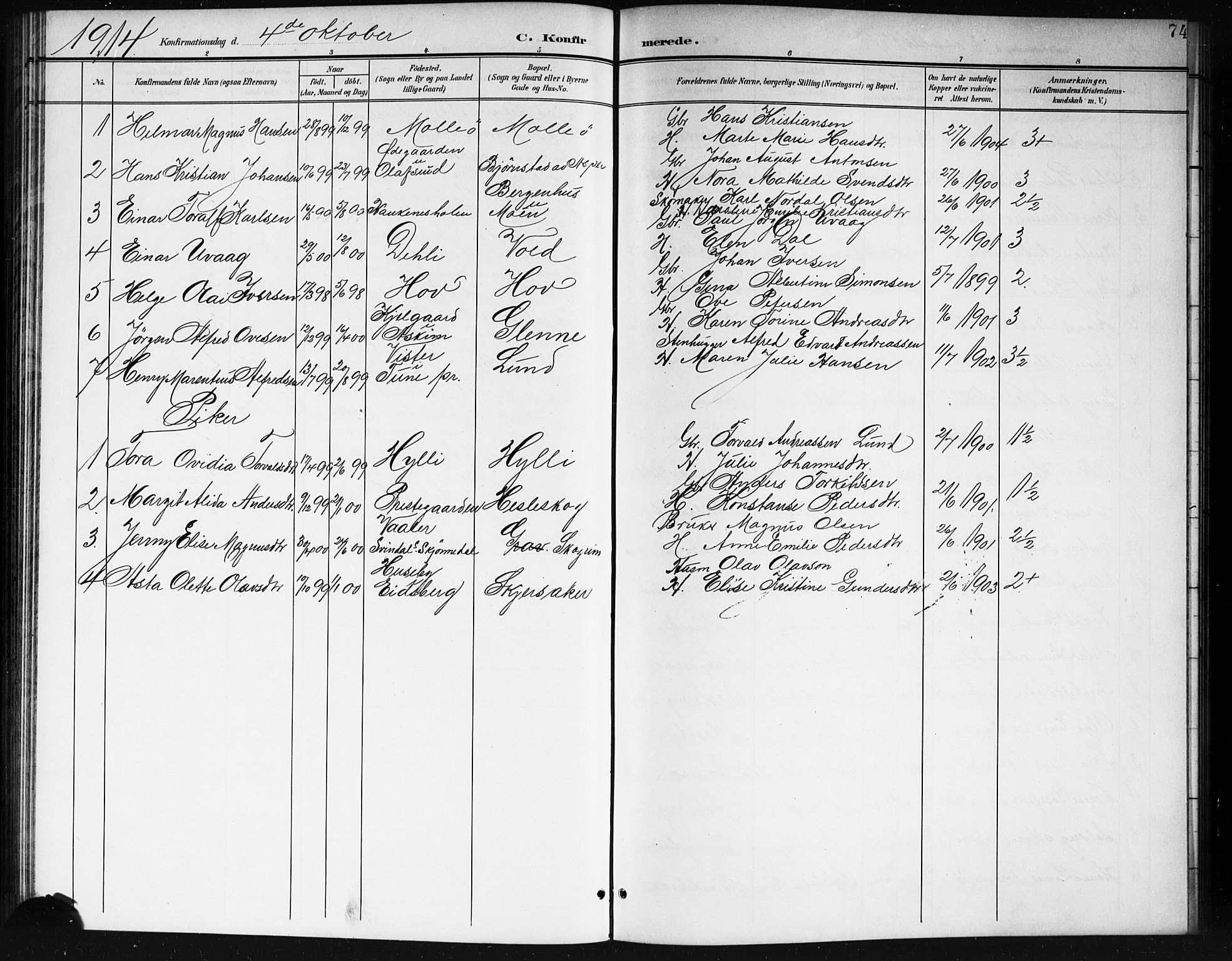 Spydeberg prestekontor Kirkebøker, AV/SAO-A-10924/G/Ga/L0002: Parish register (copy) no. I 2, 1901-1922, p. 74