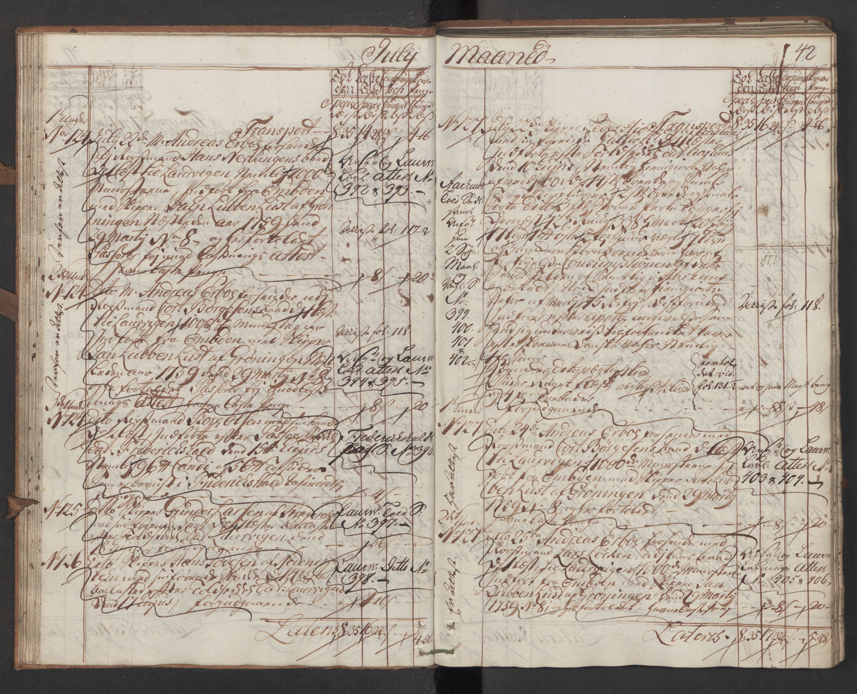 Generaltollkammeret, tollregnskaper, AV/RA-EA-5490/R13/L0028/0001: Tollregnskaper Kragerø / Inngående hovedtollbok, 1760, p. 41b-42a