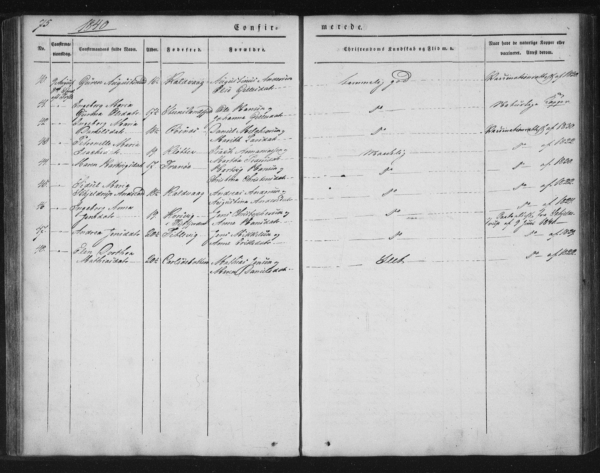 Ministerialprotokoller, klokkerbøker og fødselsregistre - Nordland, AV/SAT-A-1459/859/L0843: Parish register (official) no. 859A03, 1840-1848, p. 75