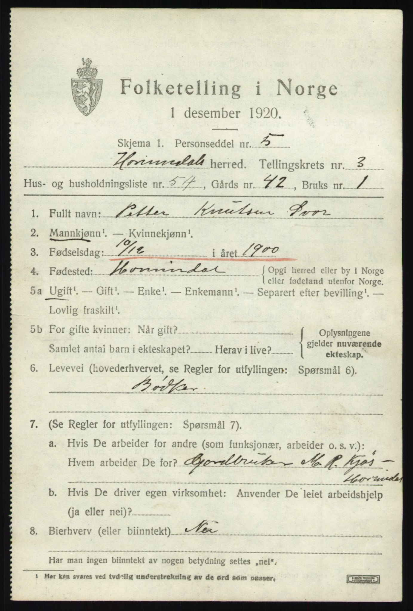 SAB, 1920 census for Hornindal, 1920, p. 1756