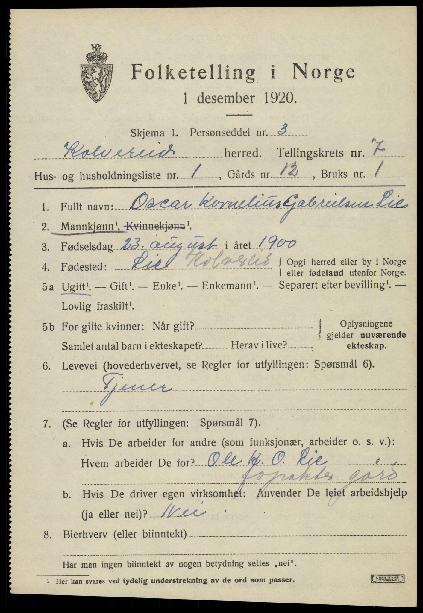 SAT, 1920 census for Kolvereid, 1920, p. 3937