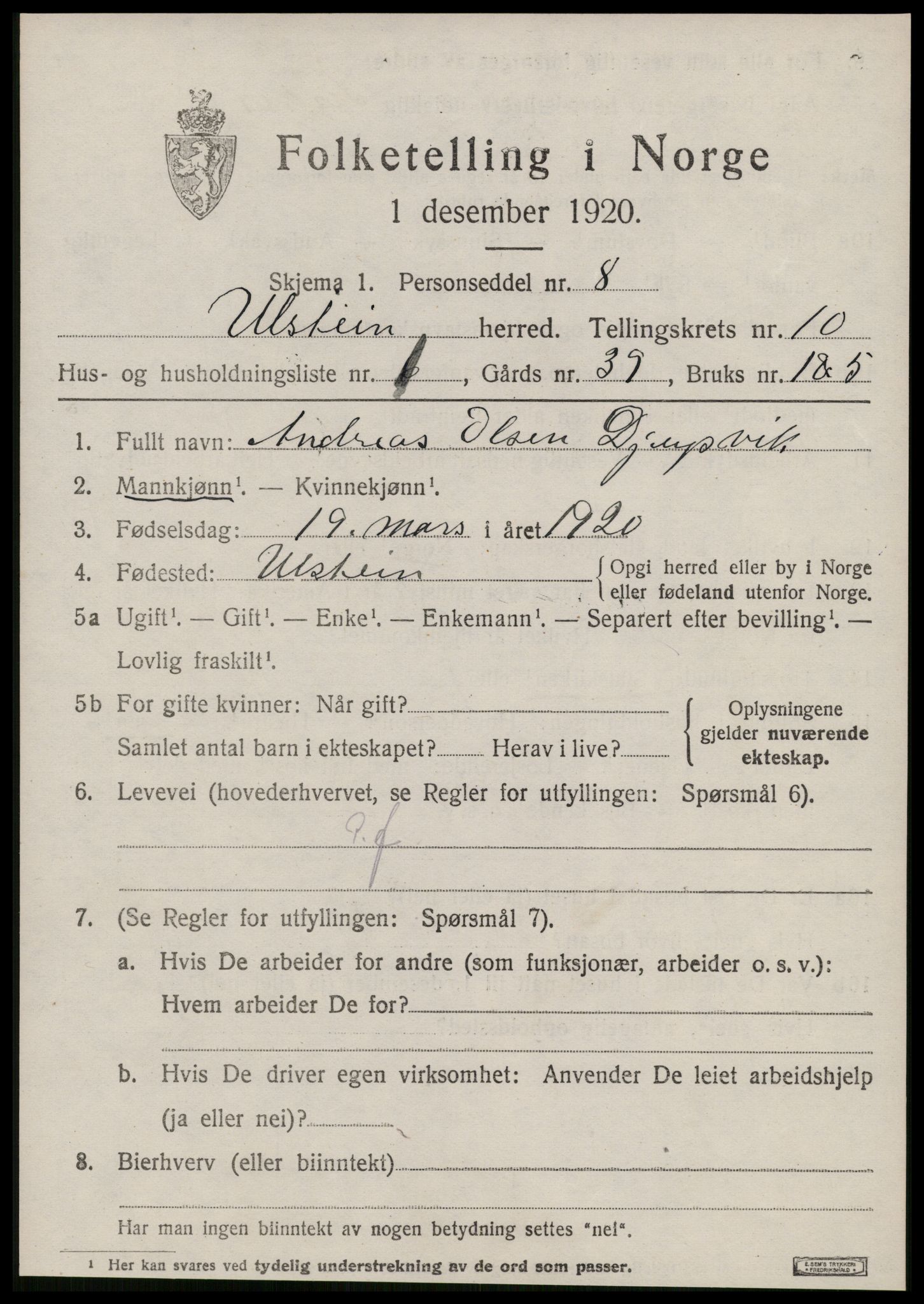 SAT, 1920 census for Ulstein, 1920, p. 5328