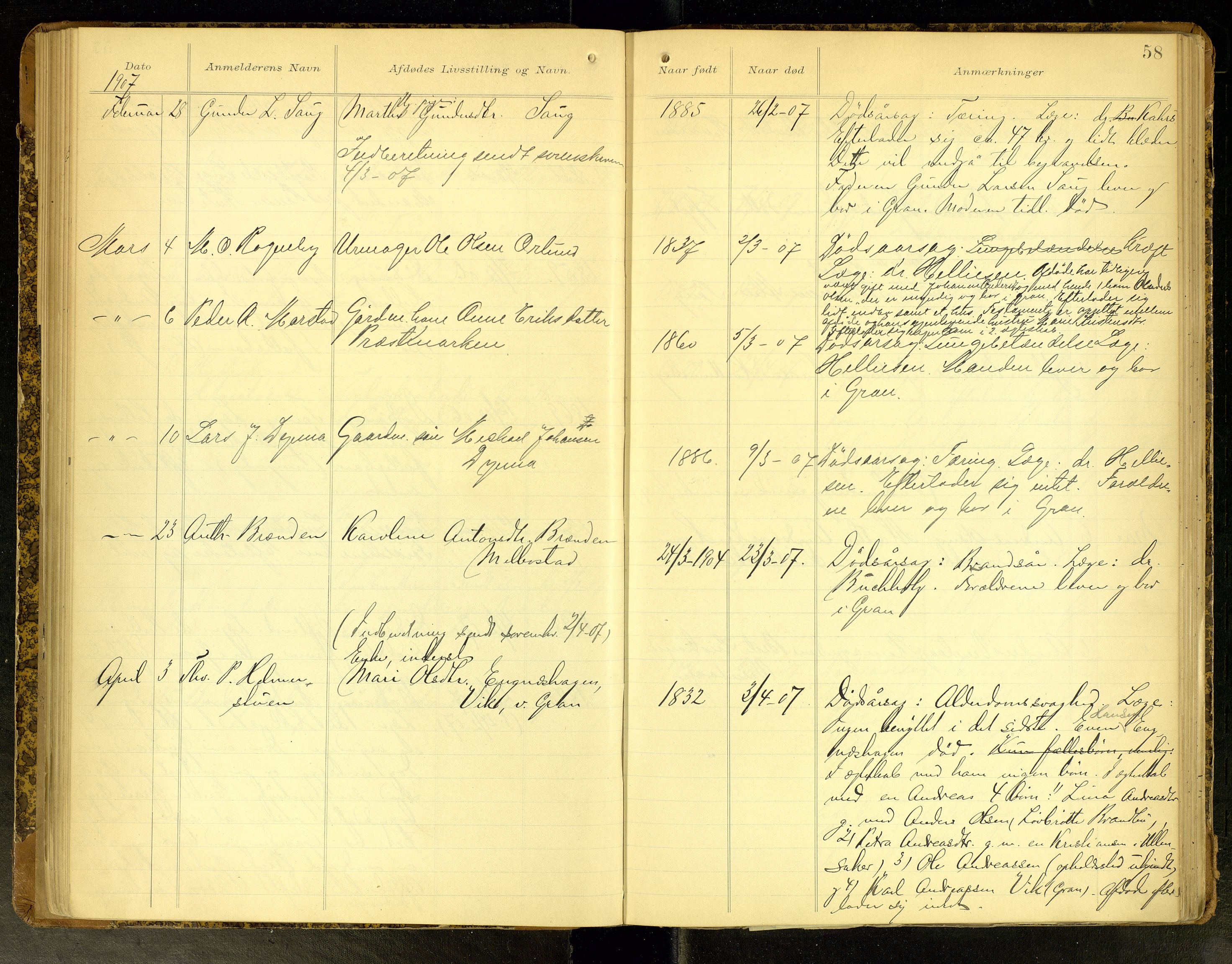 Gran lensmannskontor, SAH/LOG-010/H/Ha/L0002: Dødsfallsprotokoll, 1899-1917, p. 58