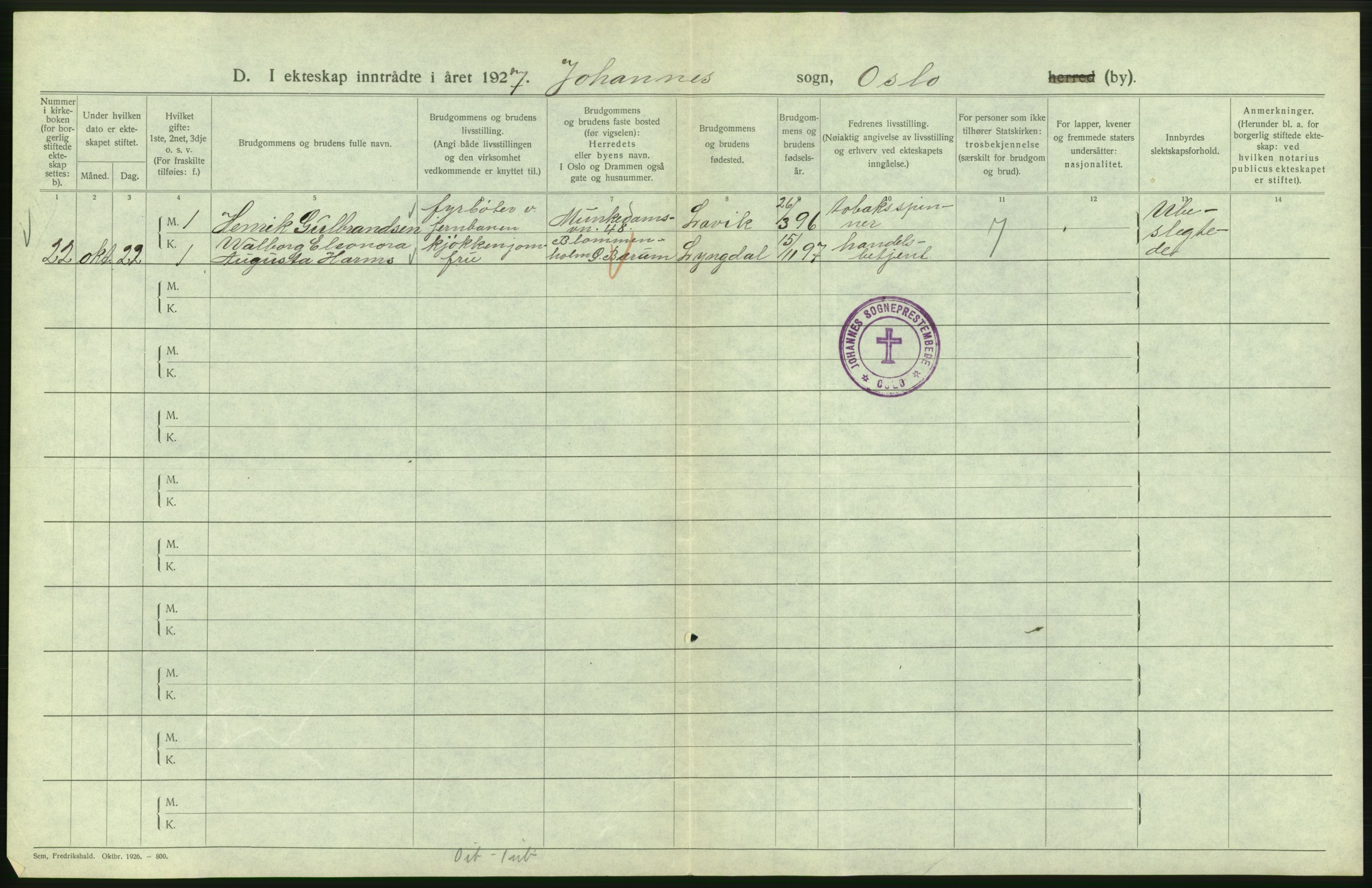 Statistisk sentralbyrå, Sosiodemografiske emner, Befolkning, RA/S-2228/D/Df/Dfc/Dfcg/L0008: Oslo: Gifte, 1927, p. 152