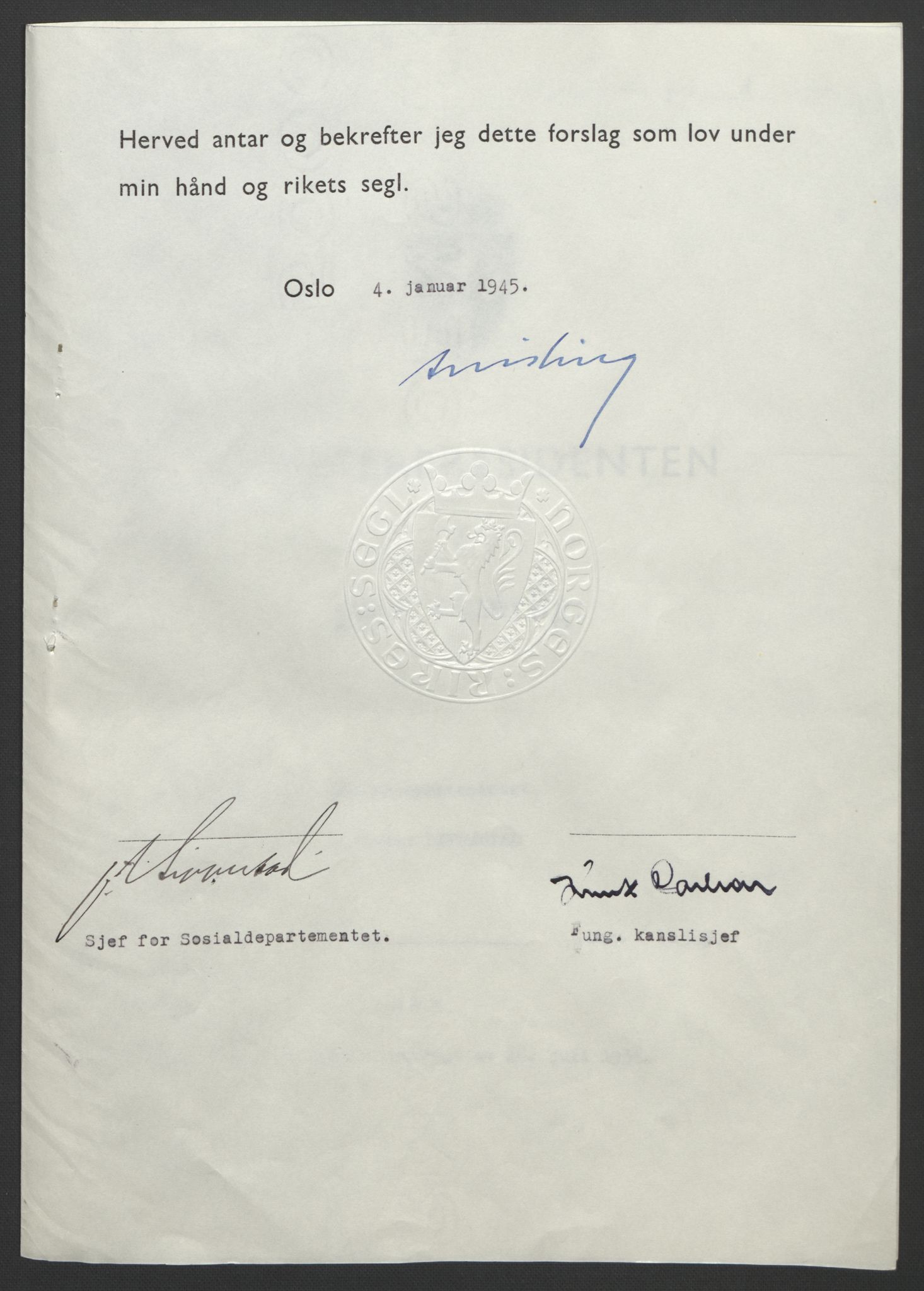 NS-administrasjonen 1940-1945 (Statsrådsekretariatet, de kommisariske statsråder mm), AV/RA-S-4279/D/Db/L0101/0001: -- / Lover og vedtak, 1945, p. 6