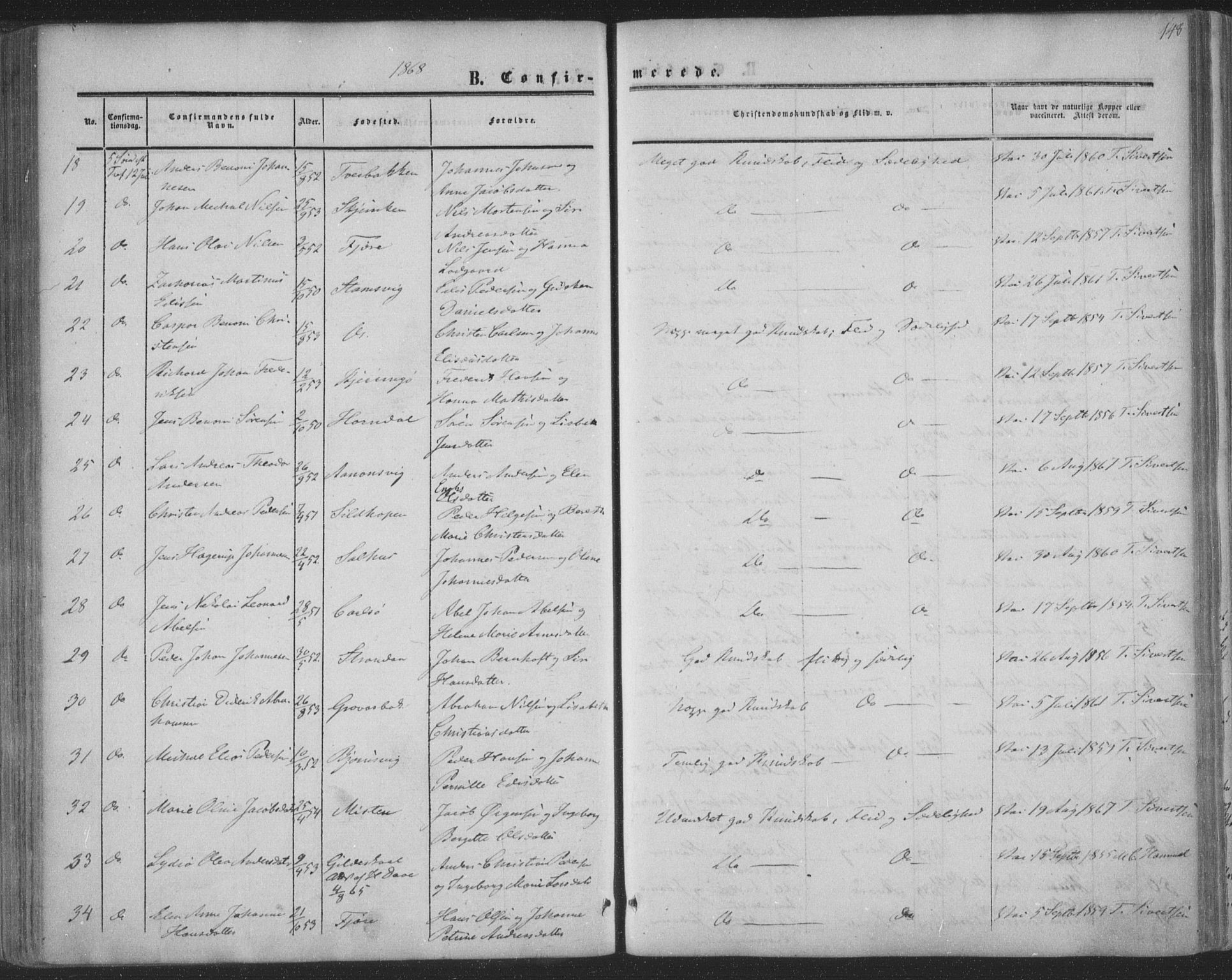 Ministerialprotokoller, klokkerbøker og fødselsregistre - Nordland, AV/SAT-A-1459/853/L0770: Parish register (official) no. 853A09, 1857-1870, p. 148