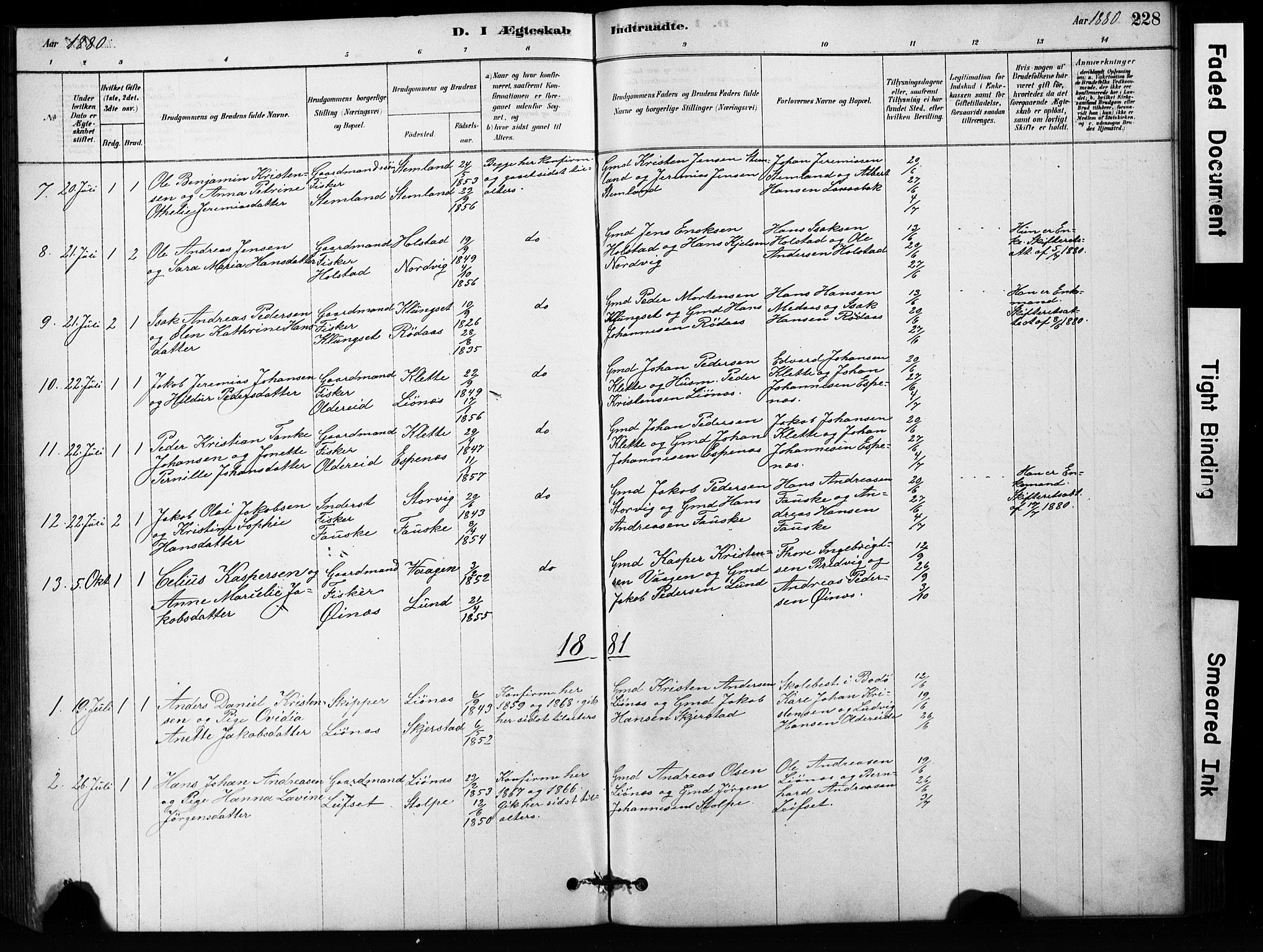 Ministerialprotokoller, klokkerbøker og fødselsregistre - Nordland, AV/SAT-A-1459/852/L0754: Parish register (copy) no. 852C05, 1878-1894, p. 228