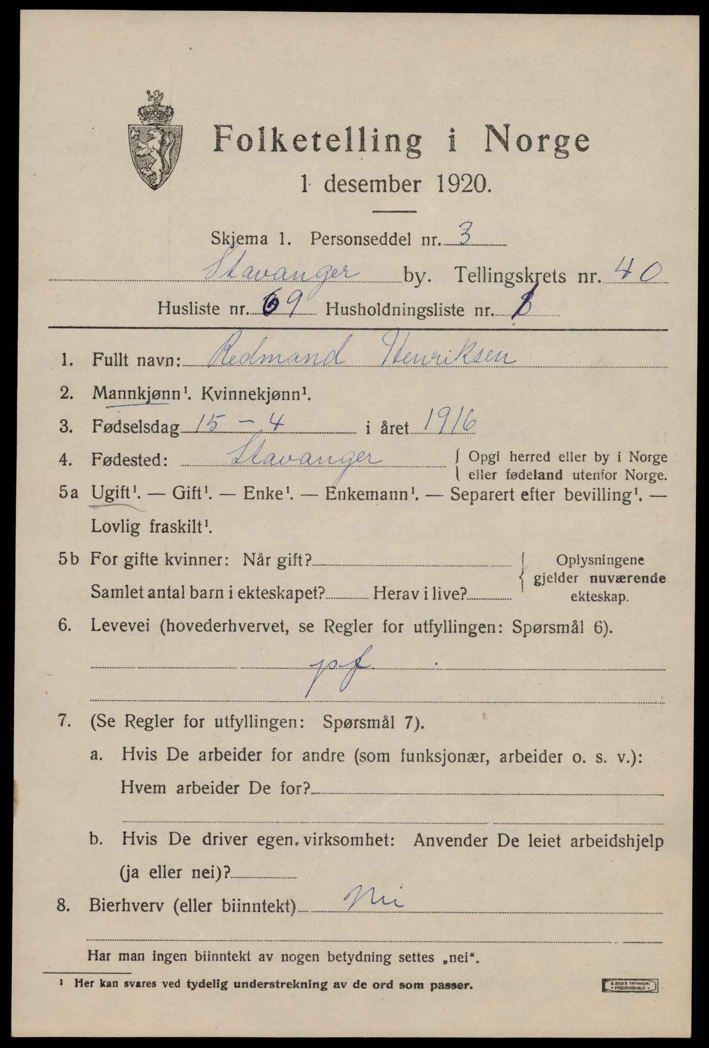 SAST, 1920 census for Stavanger, 1920, p. 103124