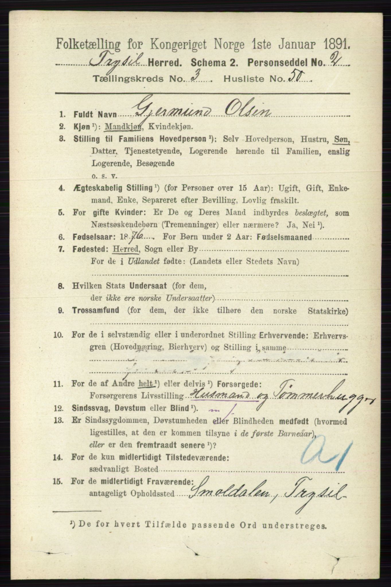 RA, 1891 census for 0428 Trysil, 1891, p. 1768