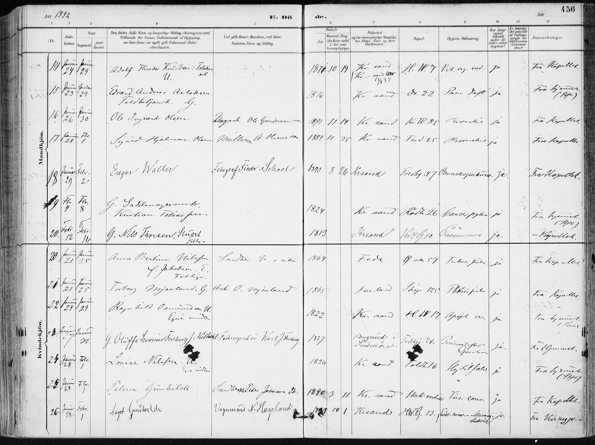 Kristiansand domprosti, SAK/1112-0006/F/Fa/L0019: Parish register (official) no. A 18, 1890-1897, p. 456
