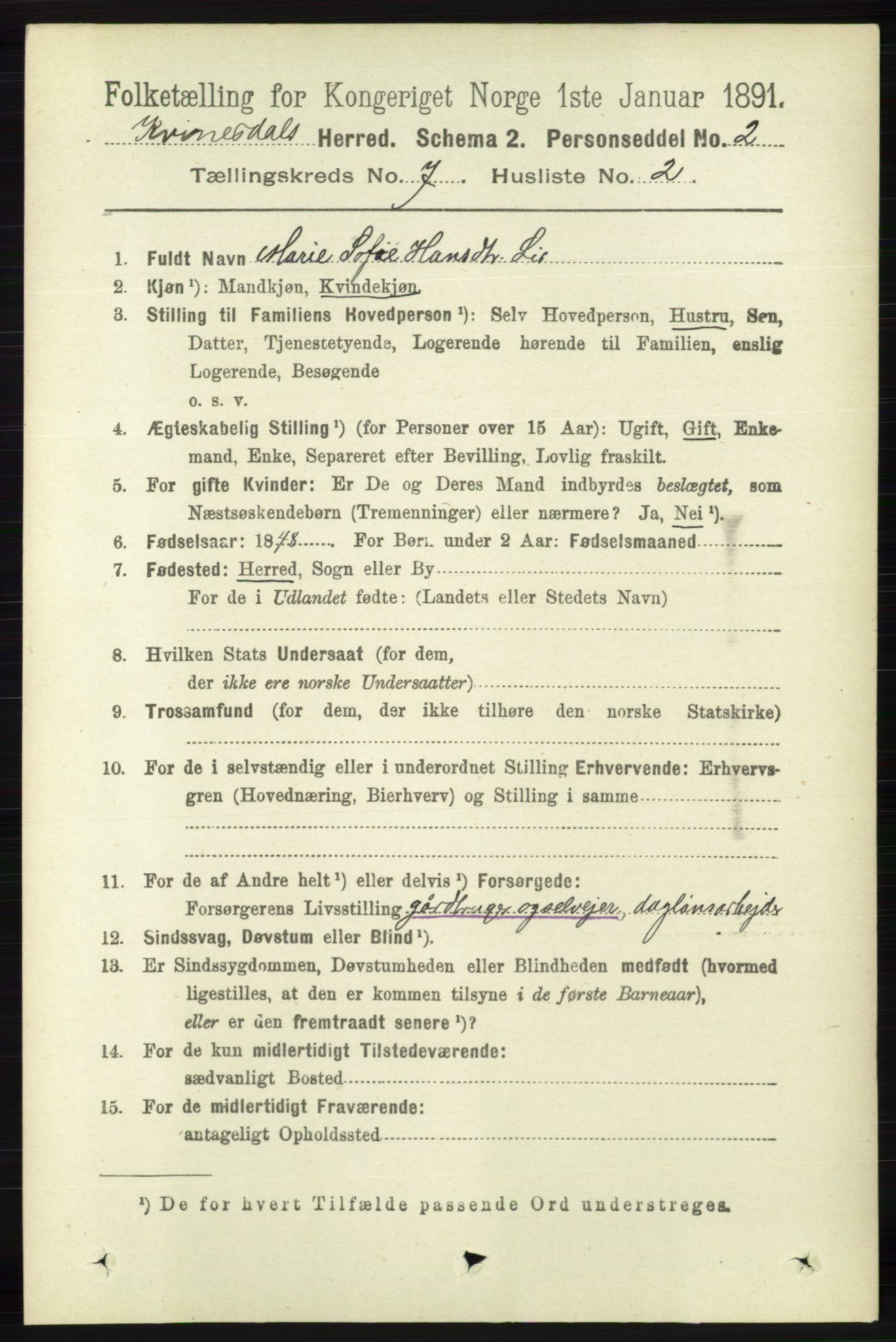 RA, 1891 census for 1037 Kvinesdal, 1891, p. 2429