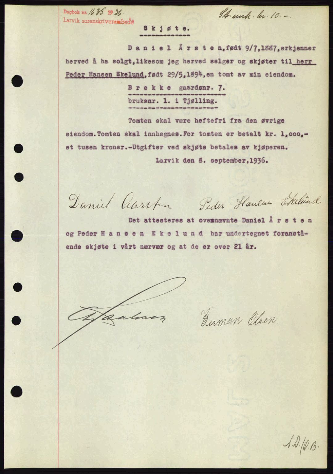 Larvik sorenskriveri, SAKO/A-83/G/Ga/Gab/L0067: Mortgage book no. A-1, 1936-1937, Diary no: : 1635/1936
