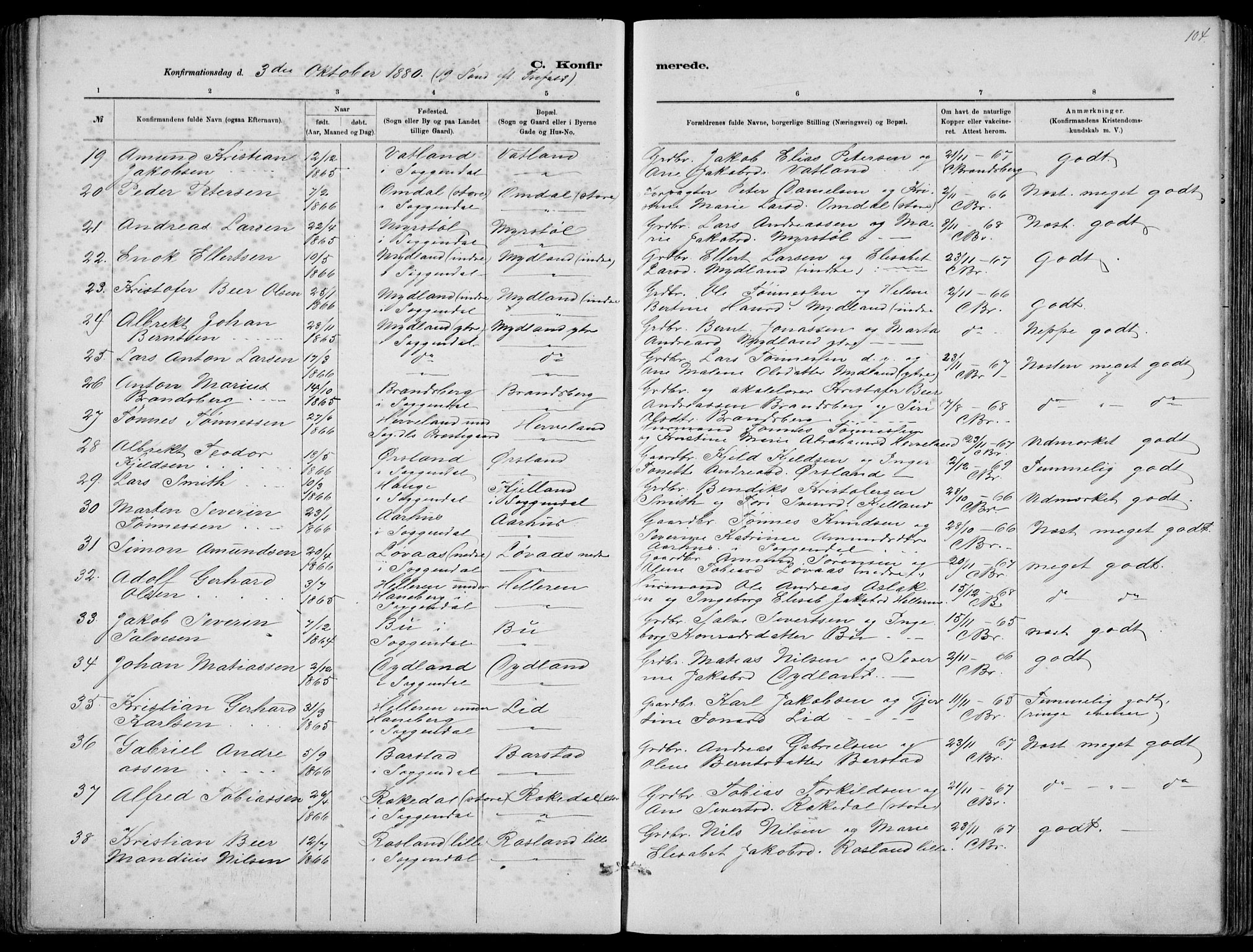 Sokndal sokneprestkontor, SAST/A-101808: Parish register (copy) no. B 4, 1880-1891, p. 104