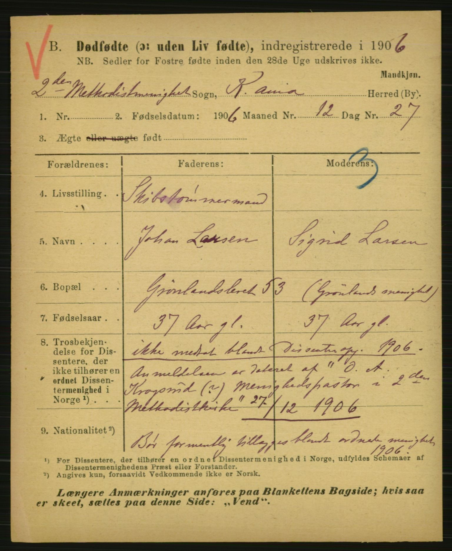 Statistisk sentralbyrå, Sosiodemografiske emner, Befolkning, AV/RA-S-2228/E/L0004: Fødte, gifte, døde dissentere., 1906, p. 2977