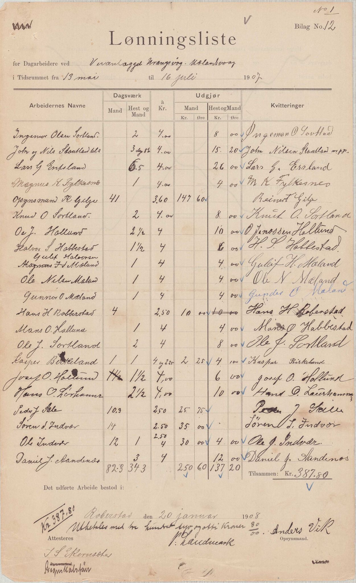 Finnaas kommune. Formannskapet, IKAH/1218a-021/E/Ea/L0002/0005: Rekneskap for veganlegg / Rekneskap for veganlegget Urangsvåg - Mælandsvåg, 1907-1909, p. 23