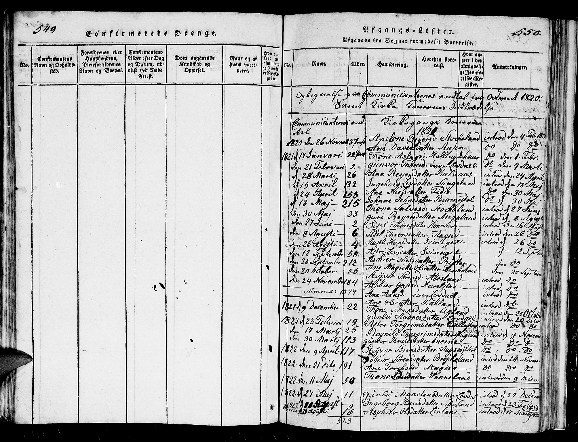 Holum sokneprestkontor, AV/SAK-1111-0022/F/Fb/Fbb/L0001: Parish register (copy) no. B 1, 1820-1847, p. 549-550