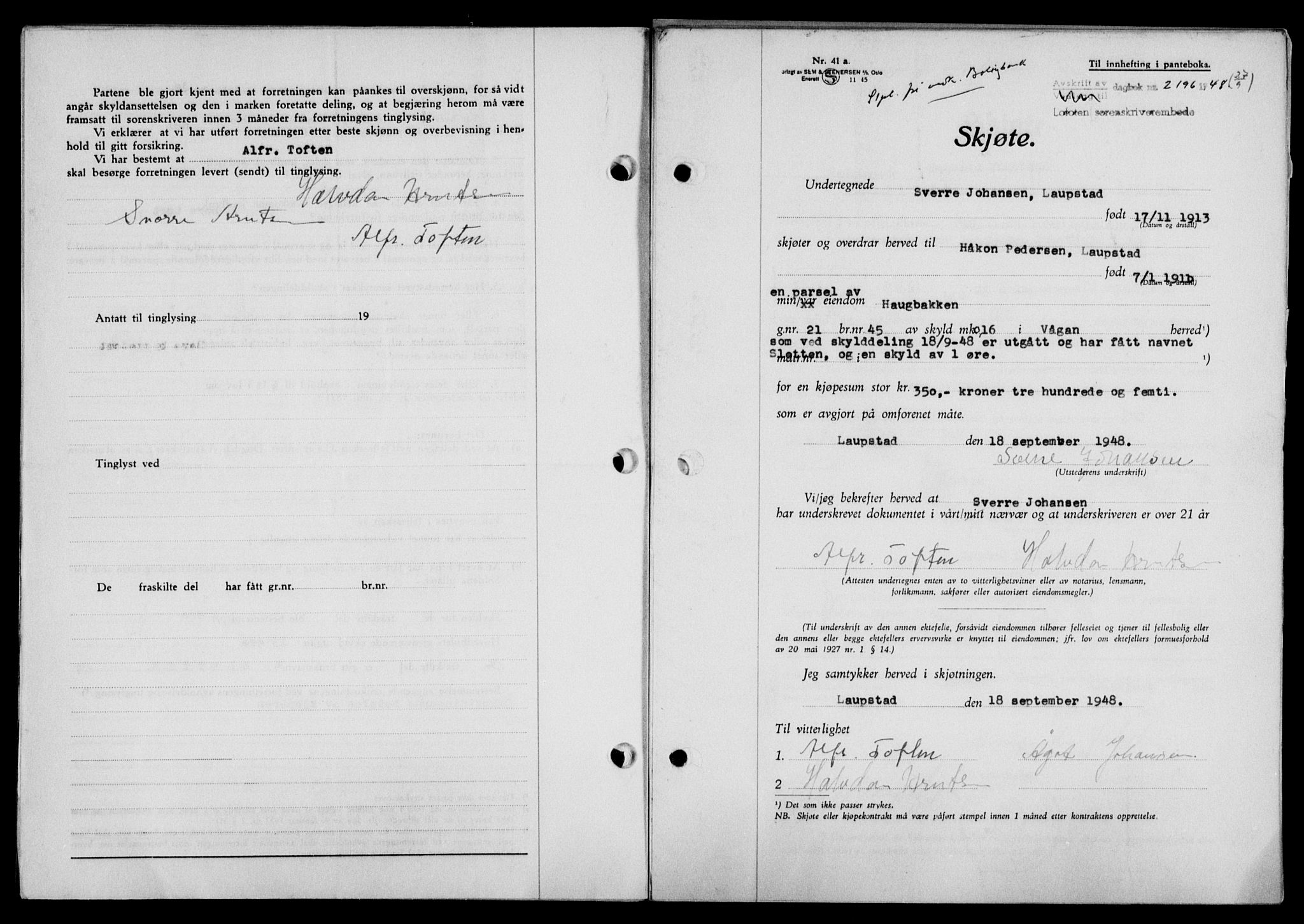 Lofoten sorenskriveri, SAT/A-0017/1/2/2C/L0019a: Mortgage book no. 19a, 1948-1948, Diary no: : 2196/1948