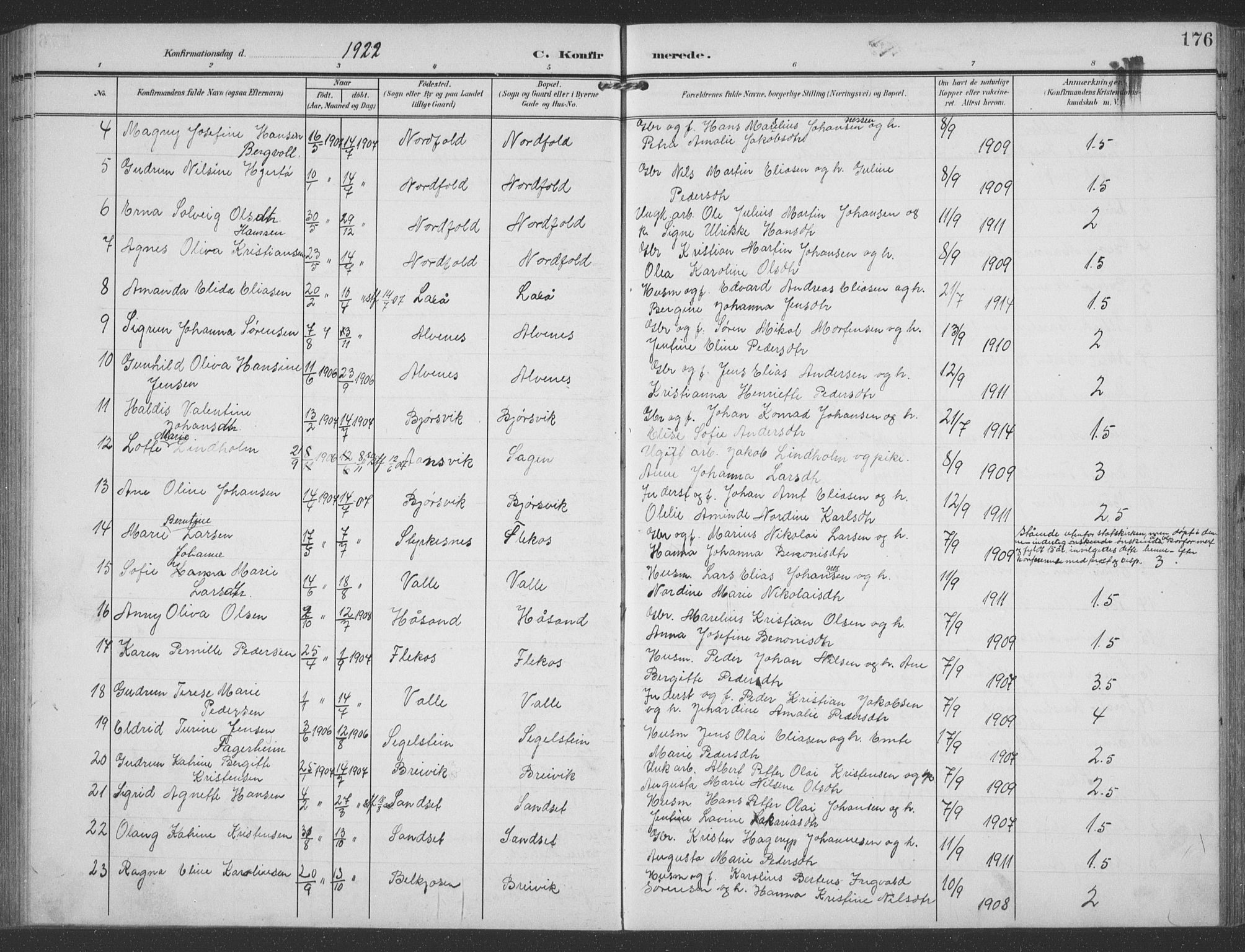 Ministerialprotokoller, klokkerbøker og fødselsregistre - Nordland, AV/SAT-A-1459/858/L0835: Parish register (copy) no. 858C02, 1904-1940, p. 176