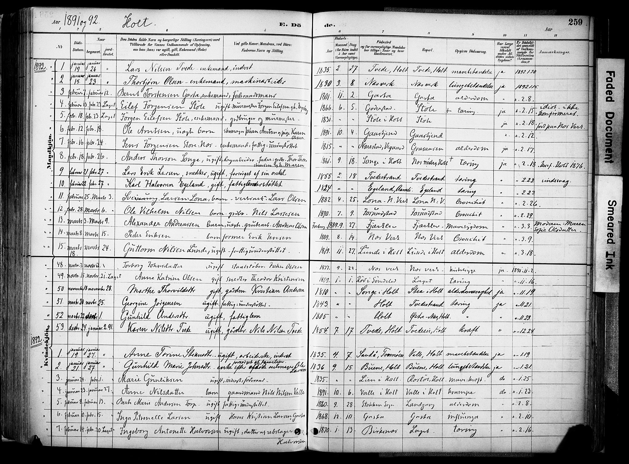 Holt sokneprestkontor, AV/SAK-1111-0021/F/Fa/L0012: Parish register (official) no. A 12, 1885-1907, p. 259