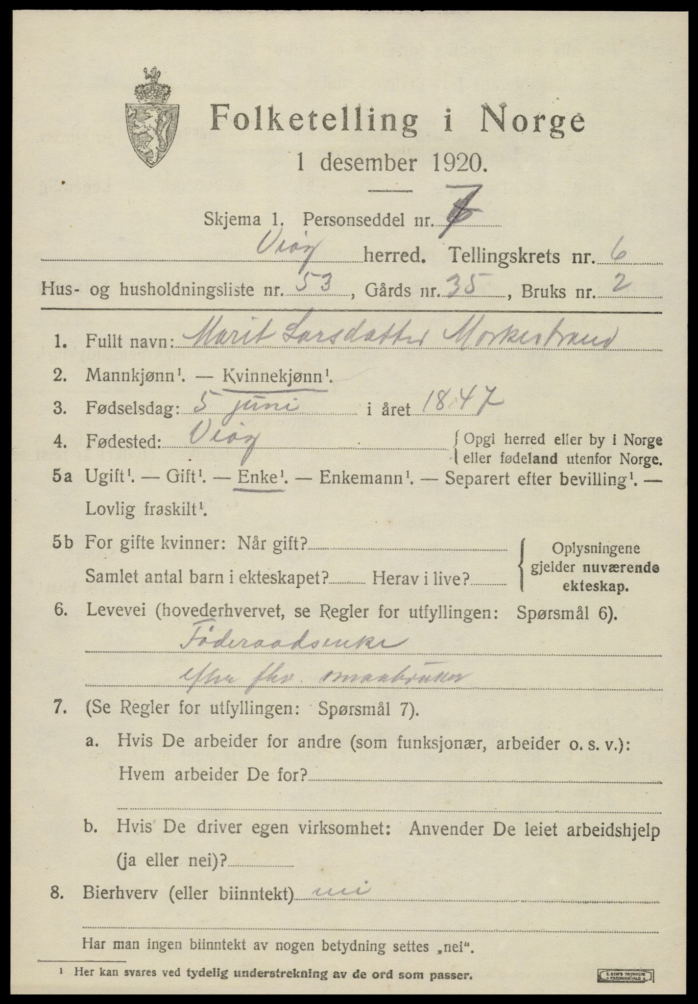 SAT, 1920 census for Veøy, 1920, p. 3075