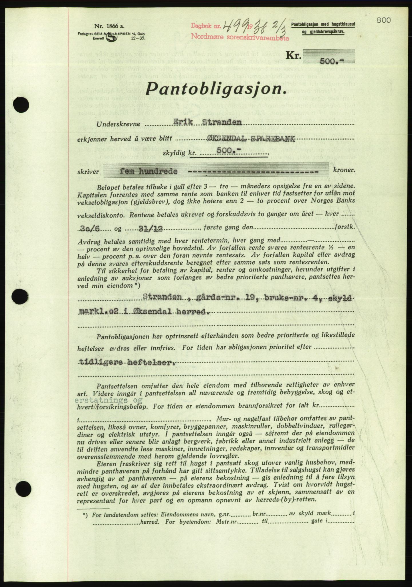 Nordmøre sorenskriveri, AV/SAT-A-4132/1/2/2Ca/L0092: Mortgage book no. B82, 1937-1938, Diary no: : 499/1938