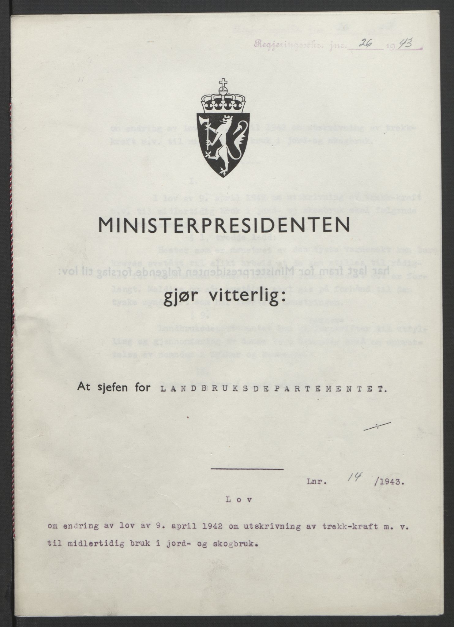 NS-administrasjonen 1940-1945 (Statsrådsekretariatet, de kommisariske statsråder mm), RA/S-4279/D/Db/L0099: Lover, 1943, p. 55
