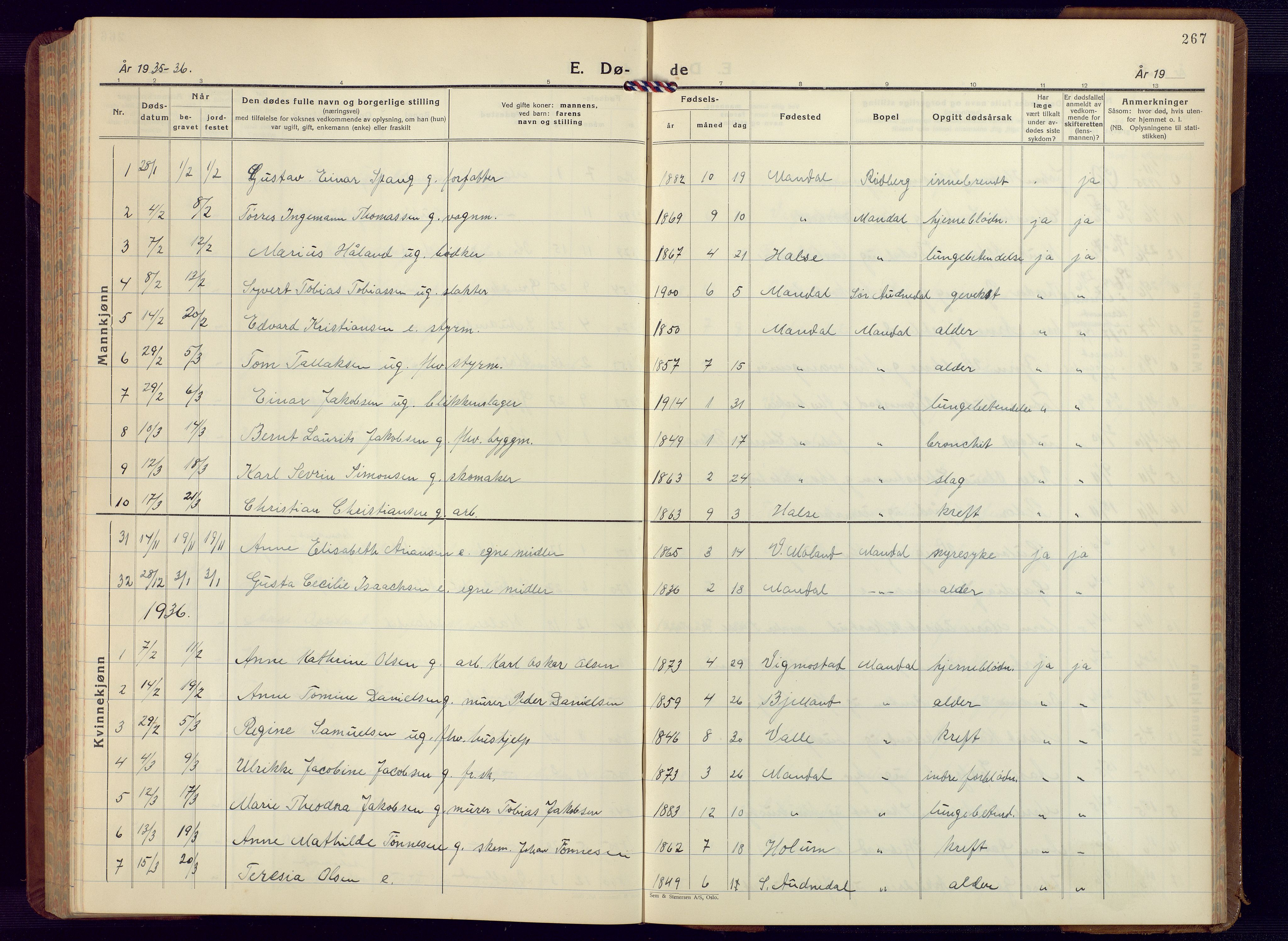 Mandal sokneprestkontor, SAK/1111-0030/F/Fb/Fbc/L0002: Parish register (copy) no. B 2, 1931-1949, p. 267