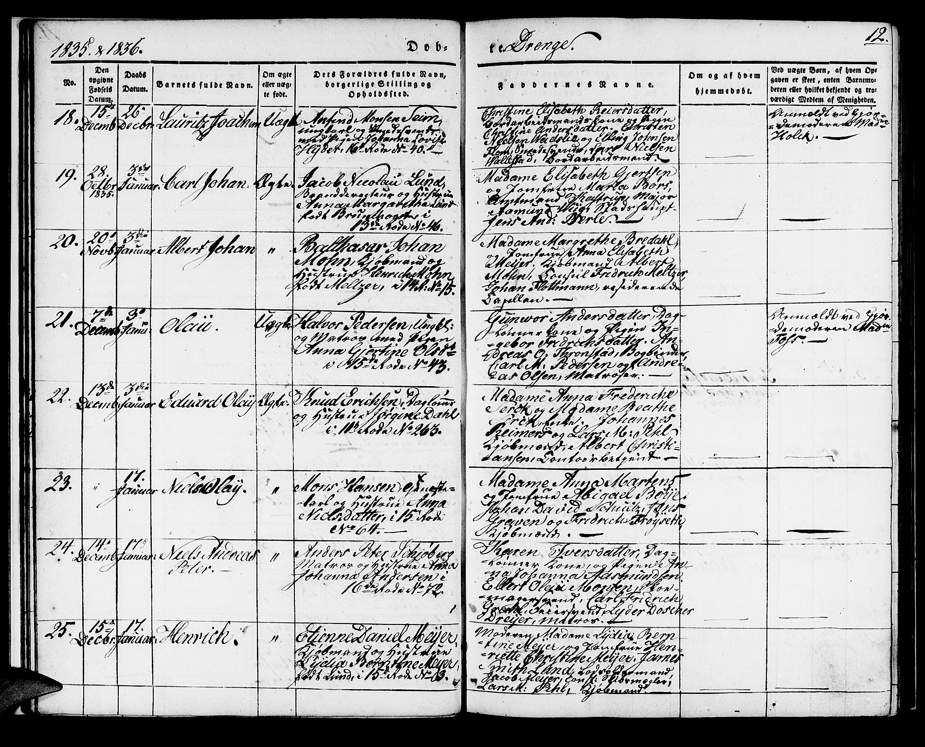Domkirken sokneprestembete, SAB/A-74801/H/Haa/L0015: Parish register (official) no. A 14, 1835-1840, p. 12