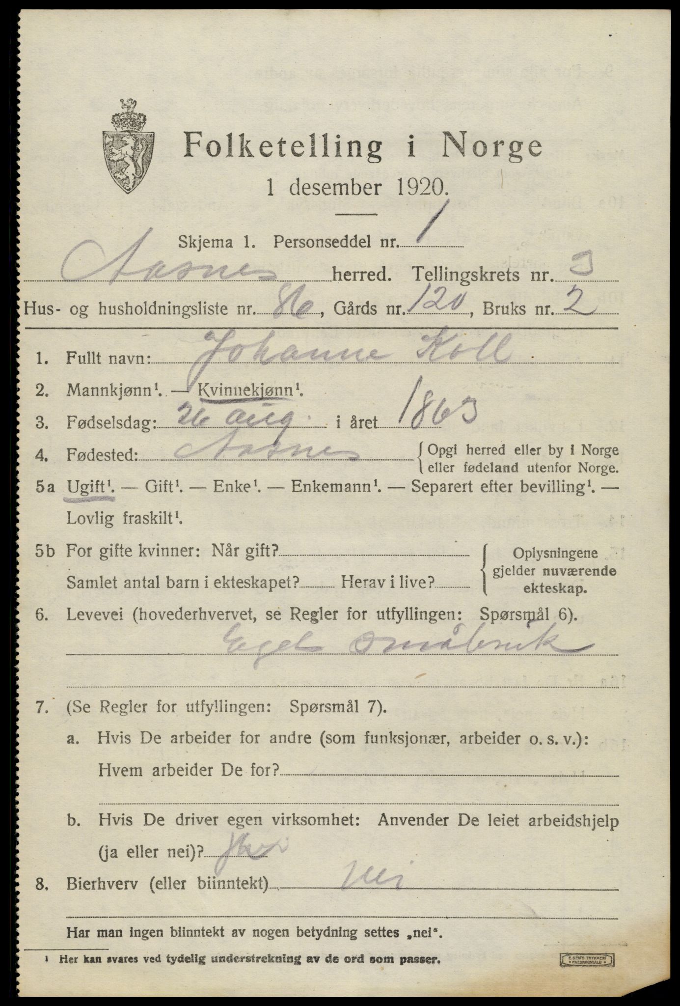 SAH, 1920 census for Åsnes, 1920, p. 4756