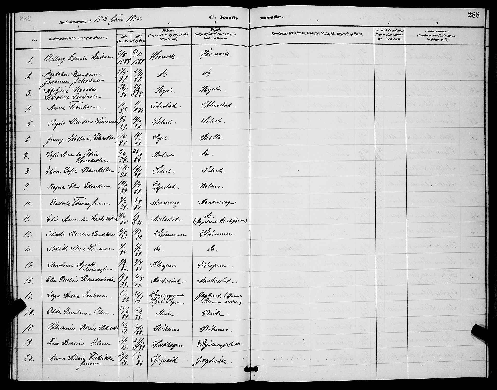 Ibestad sokneprestembete, SATØ/S-0077/H/Ha/Hab/L0008klokker: Parish register (copy) no. 8, 1890-1903, p. 288