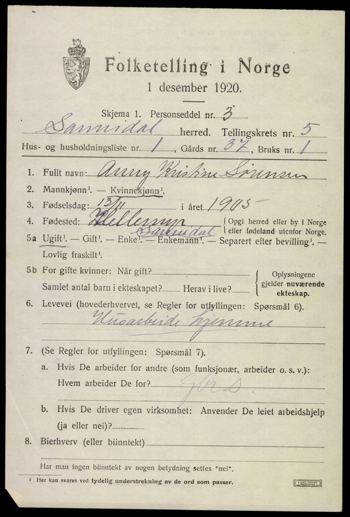 SAKO, 1920 census for Sannidal, 1920, p. 4069