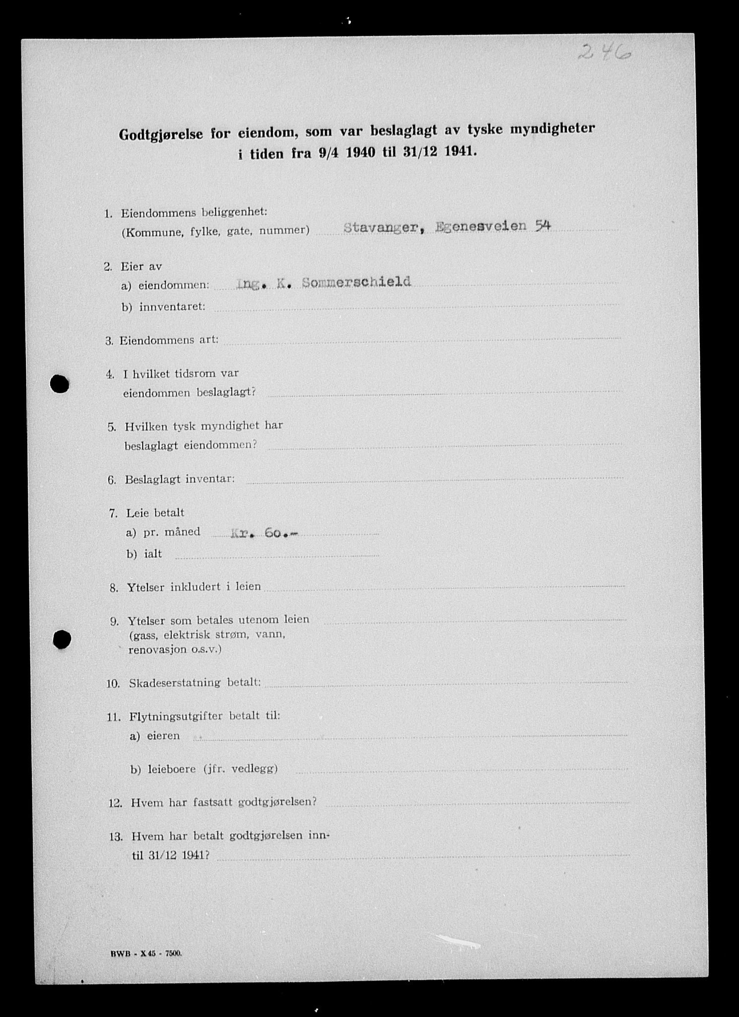 Justisdepartementet, Tilbakeføringskontoret for inndratte formuer, AV/RA-S-1564/I/L1014: Godtgjørelse for beslaglagt eiendom, 1940-1941, p. 126