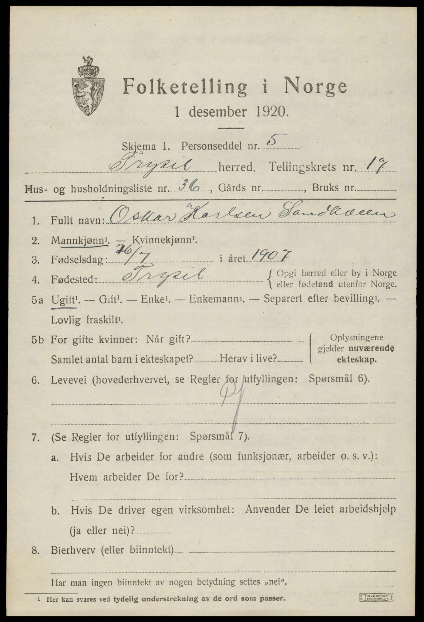 SAH, 1920 census for Trysil, 1920, p. 10615